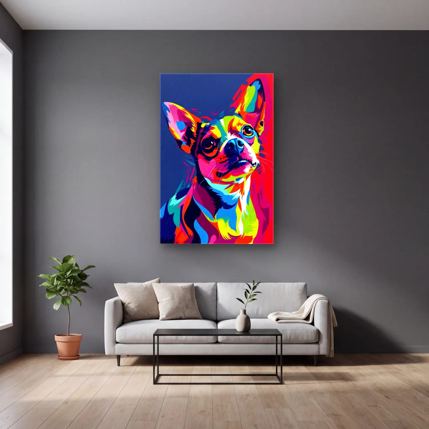 Pop Art Köpek – Pembe Tonlar cam tablo — gri duvarlı salonda