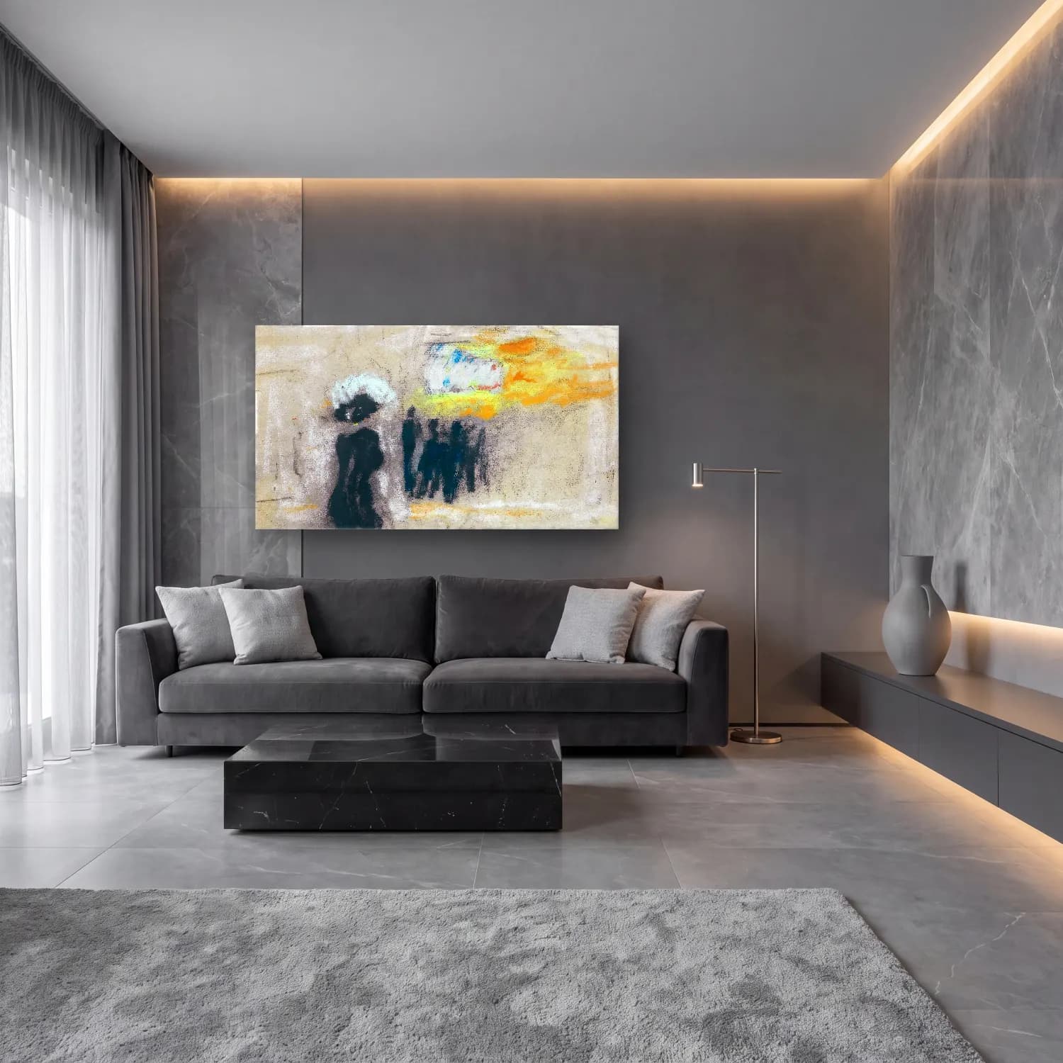 Modern Soyut Sahilde İnsanlar cam tablo — lüks salon duvarında