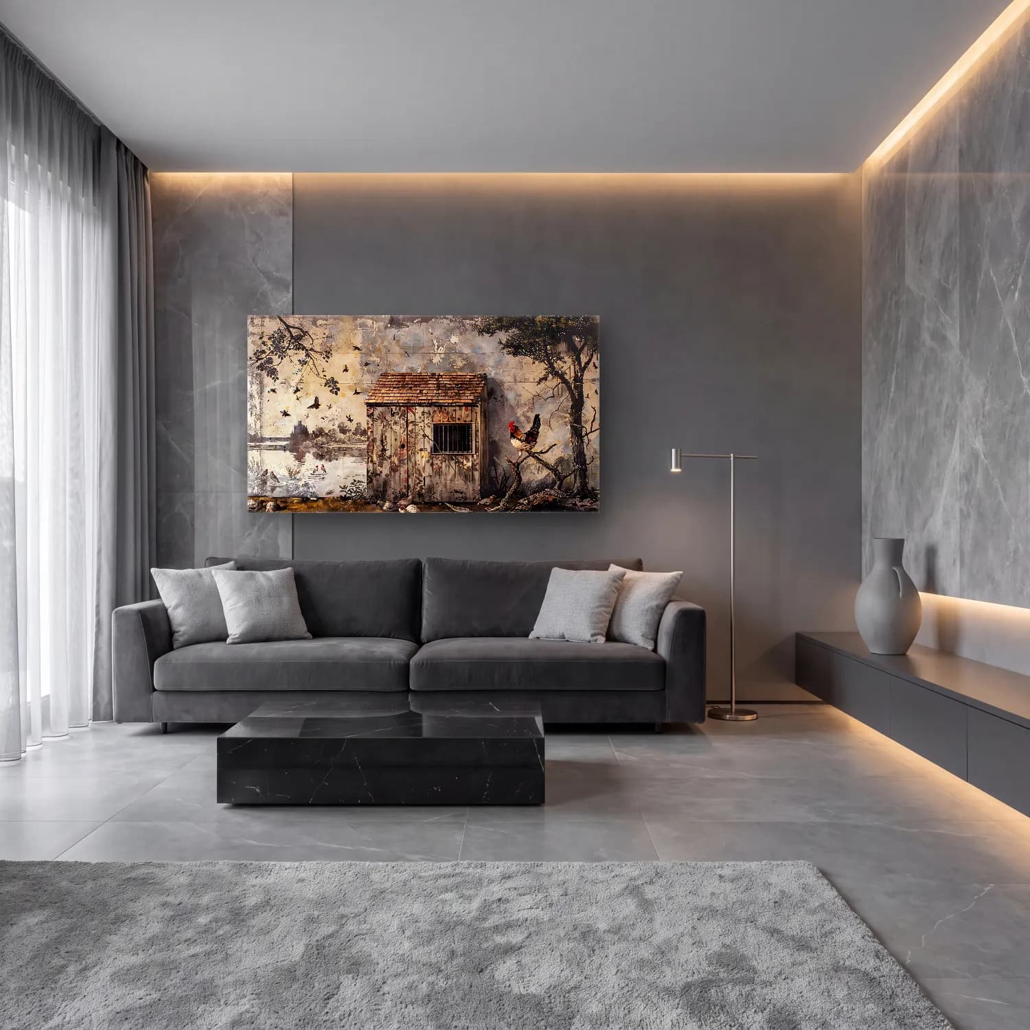 Modern Soyut Kır Evi cam tablo — lüks salon duvarında