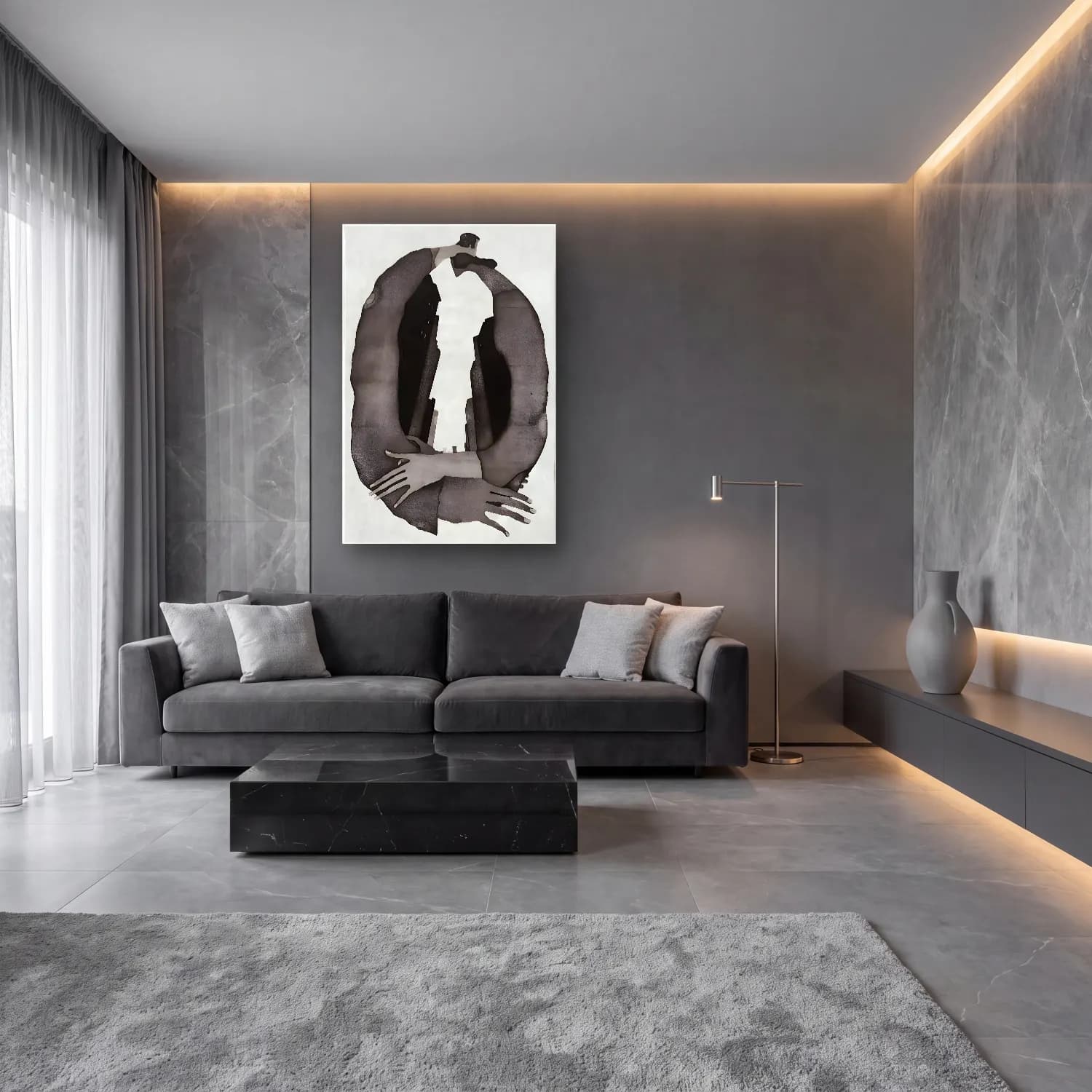 Siyah Beyaz Eller No. 4 cam tablo — lüks salon duvarında