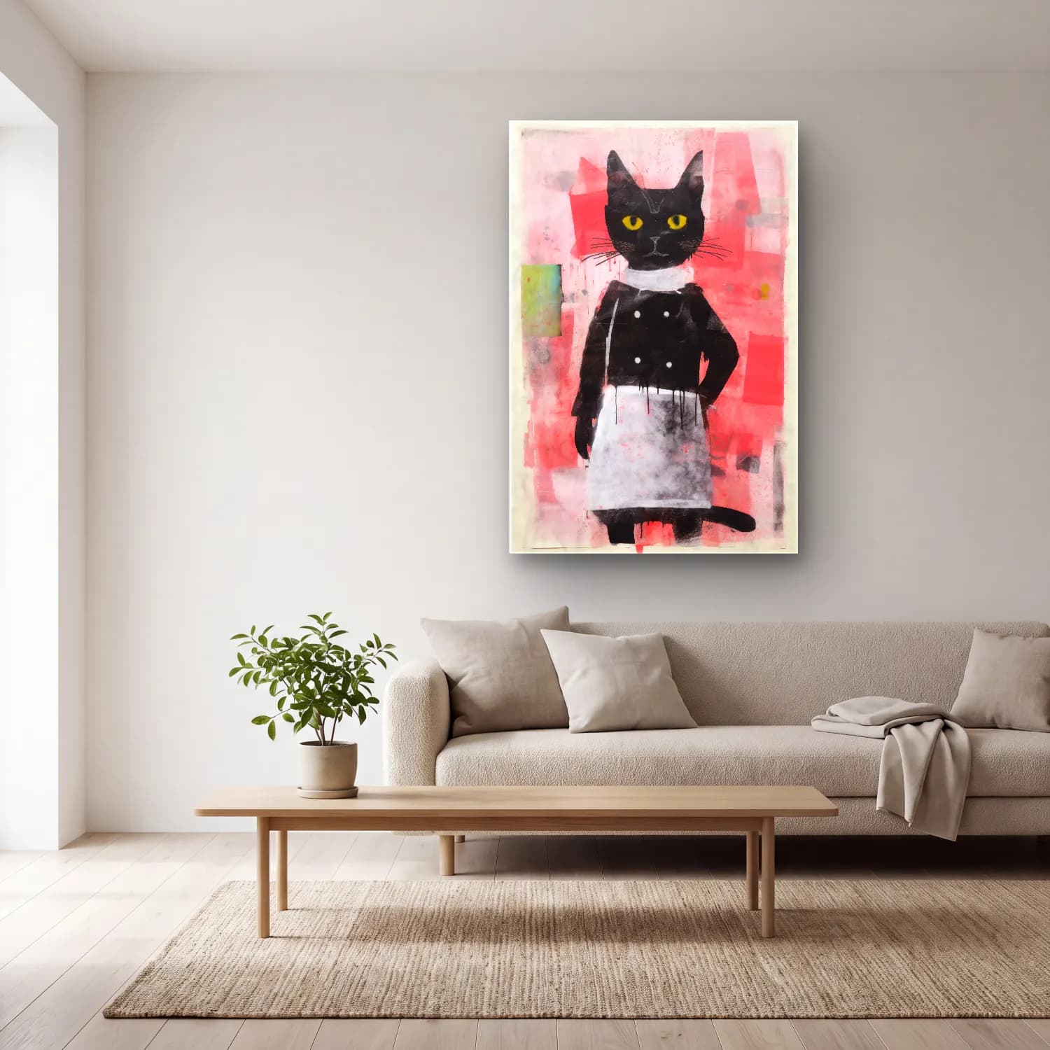 Siyah Beyaz Kedi No. 4 cam tablo — açık renk salonda