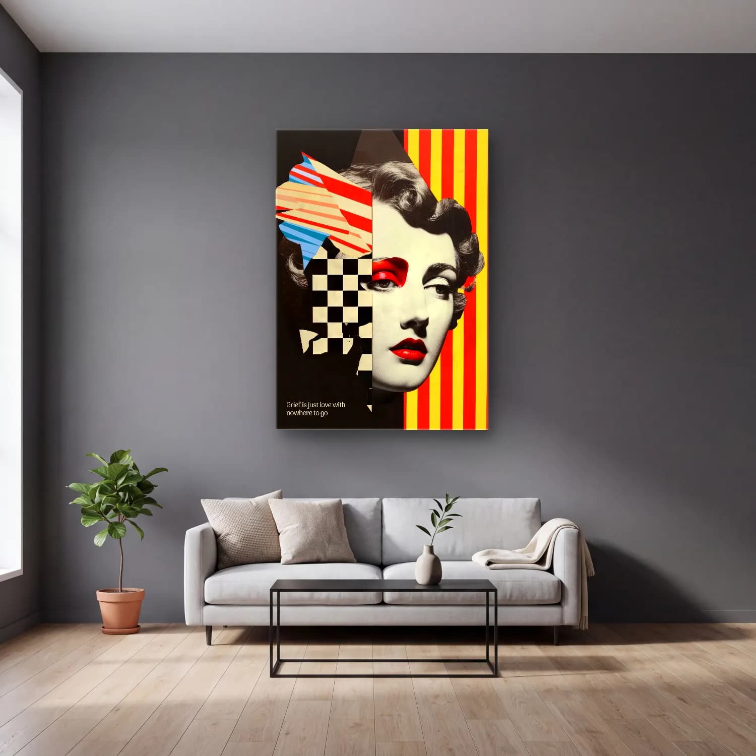 Pop Art Moda İllüstrasyonu No. 4 cam tablo — gri duvarlı salonda
