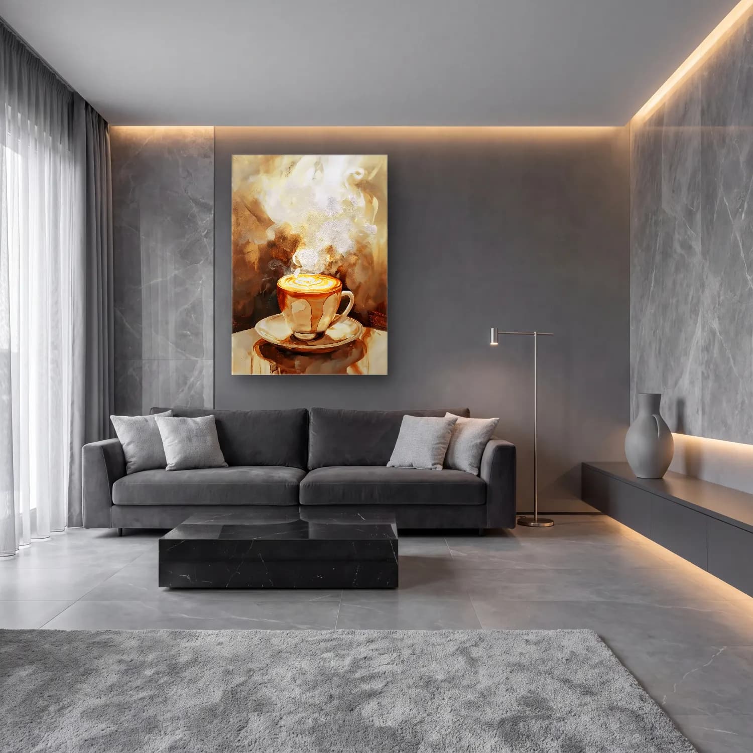 Yağlı Boya Kahve Fincanı cam tablo — lüks salon duvarında