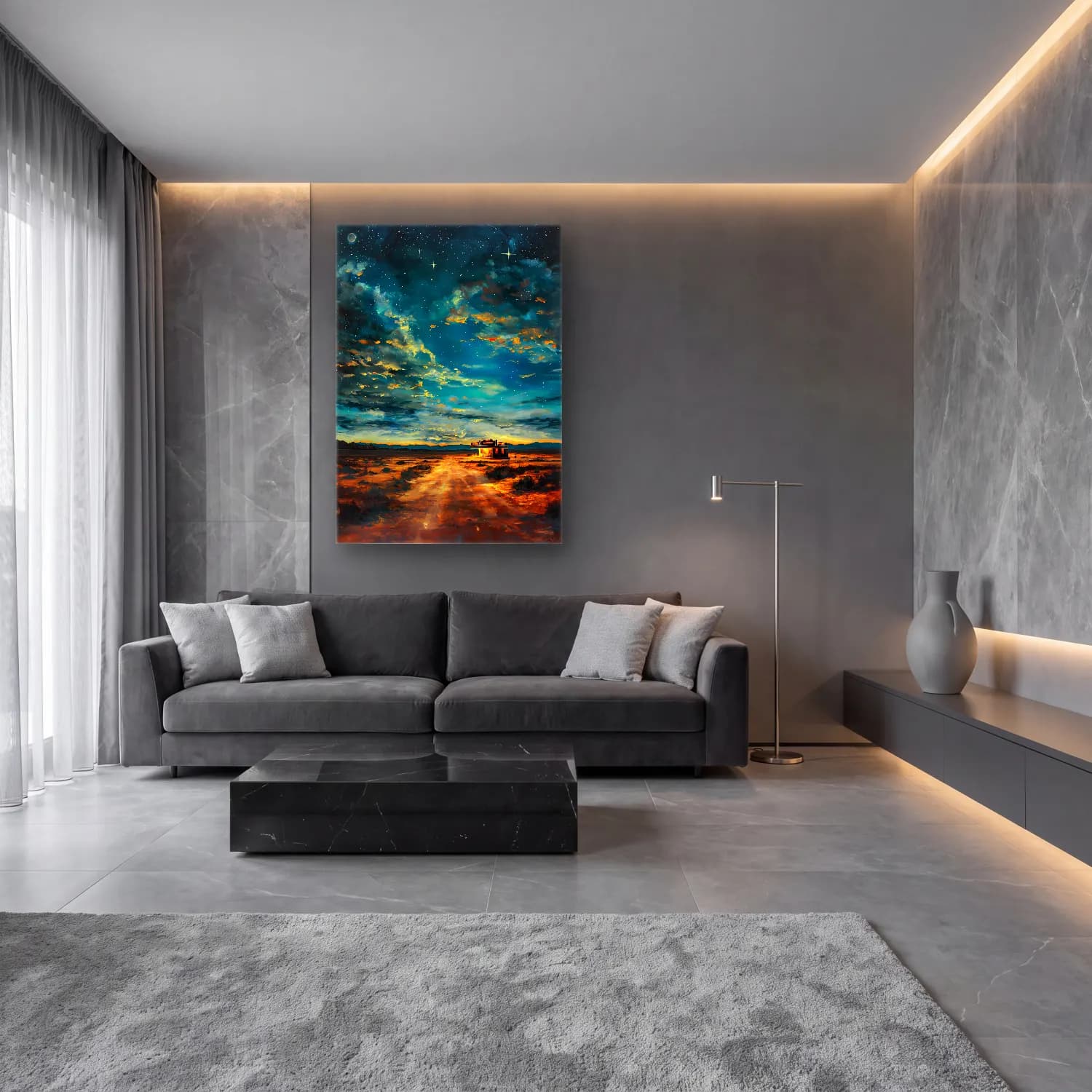 Yağlı Boya Yıldızlı Gece cam tablo — lüks salon duvarında