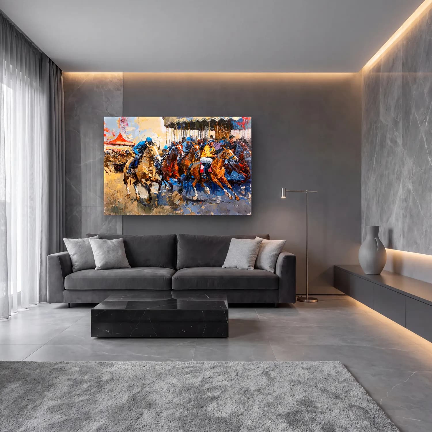 Yağlı Boya Atlı – Sarı Tonlar cam tablo — lüks salon duvarında