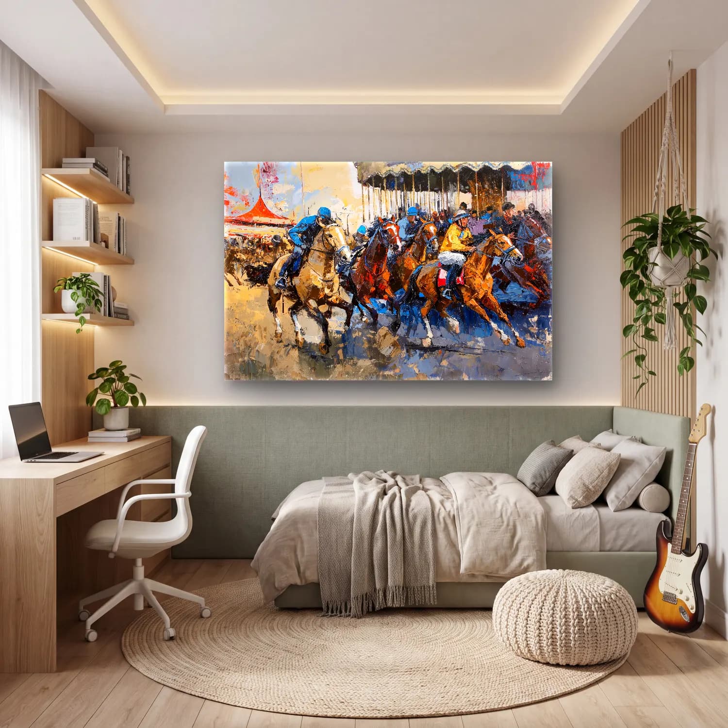 Yağlı Boya Atlı – Sarı Tonlar cam tablo — genç odasında