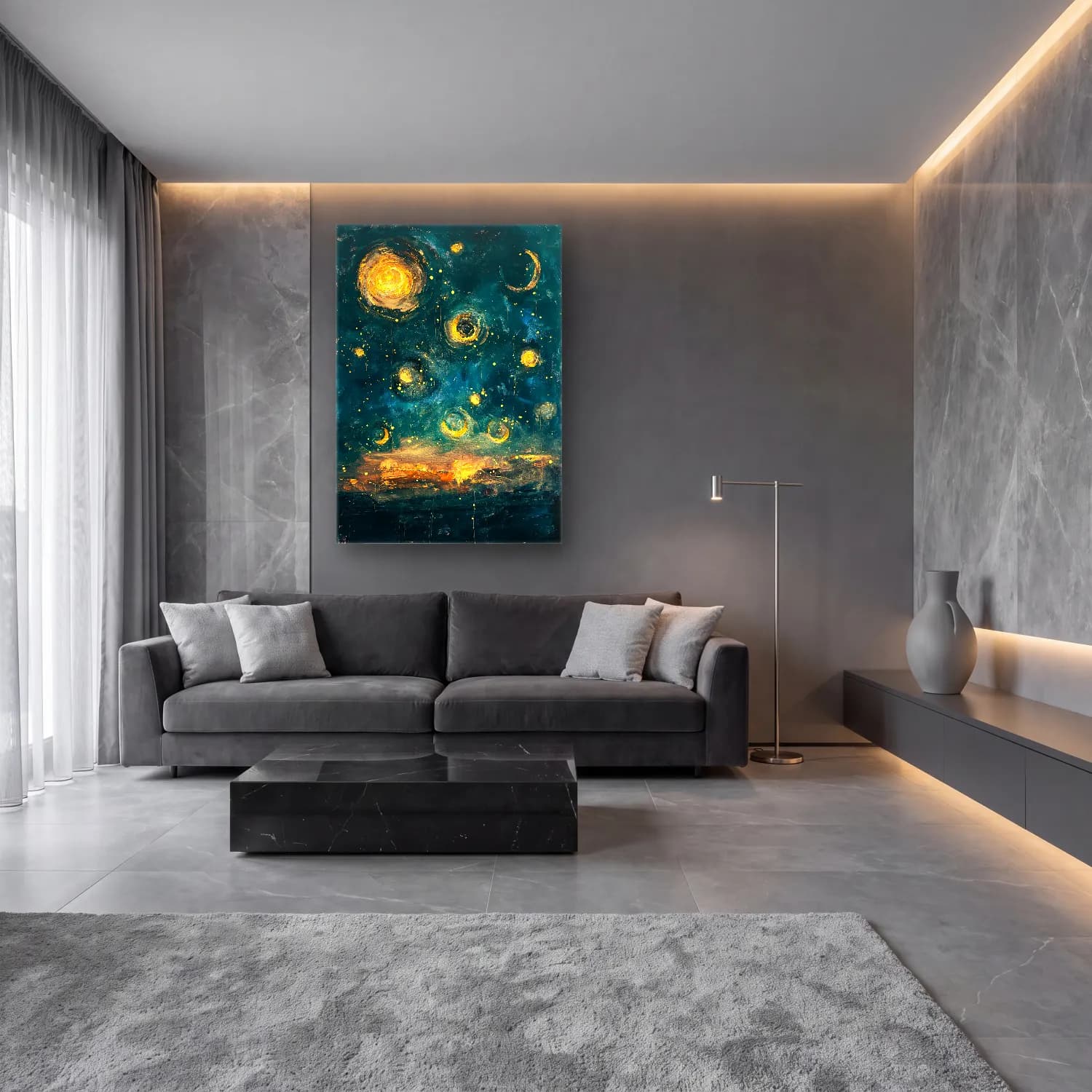 Modern Soyut Yıldızlı Gece cam tablo — lüks salon duvarında