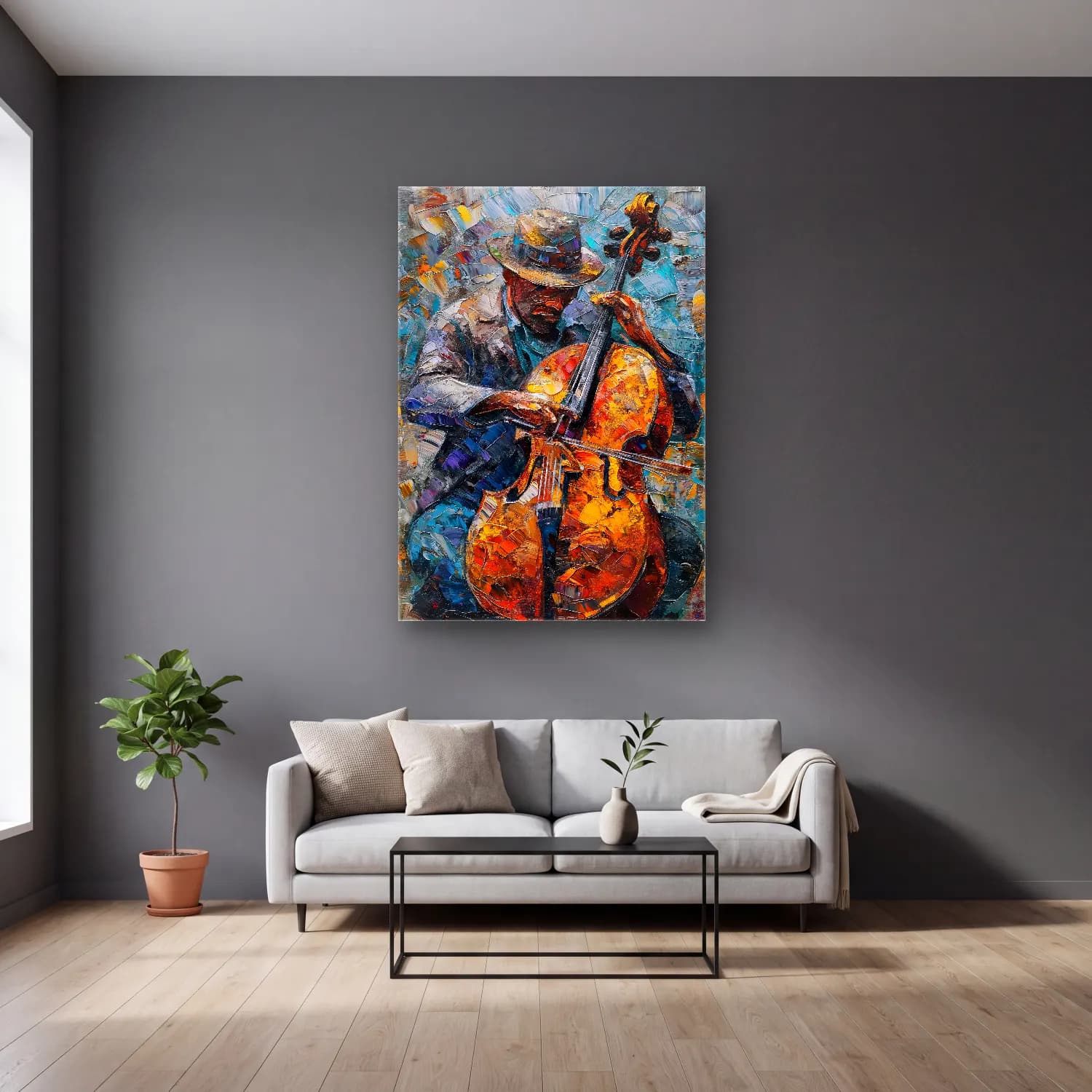 Empresyonist Gitar cam tablo — gri duvarlı salonda