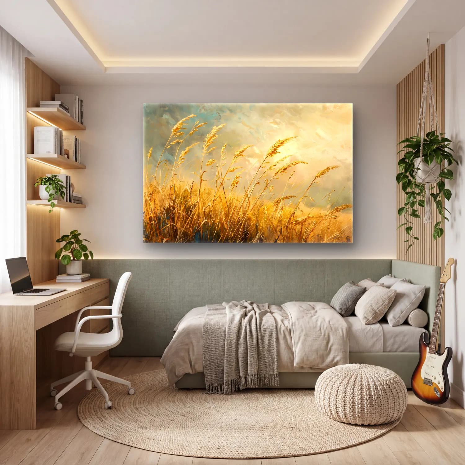 Yağlı Boya Buğday Tarlası – Pastel Tonlar cam tablo — genç odasında