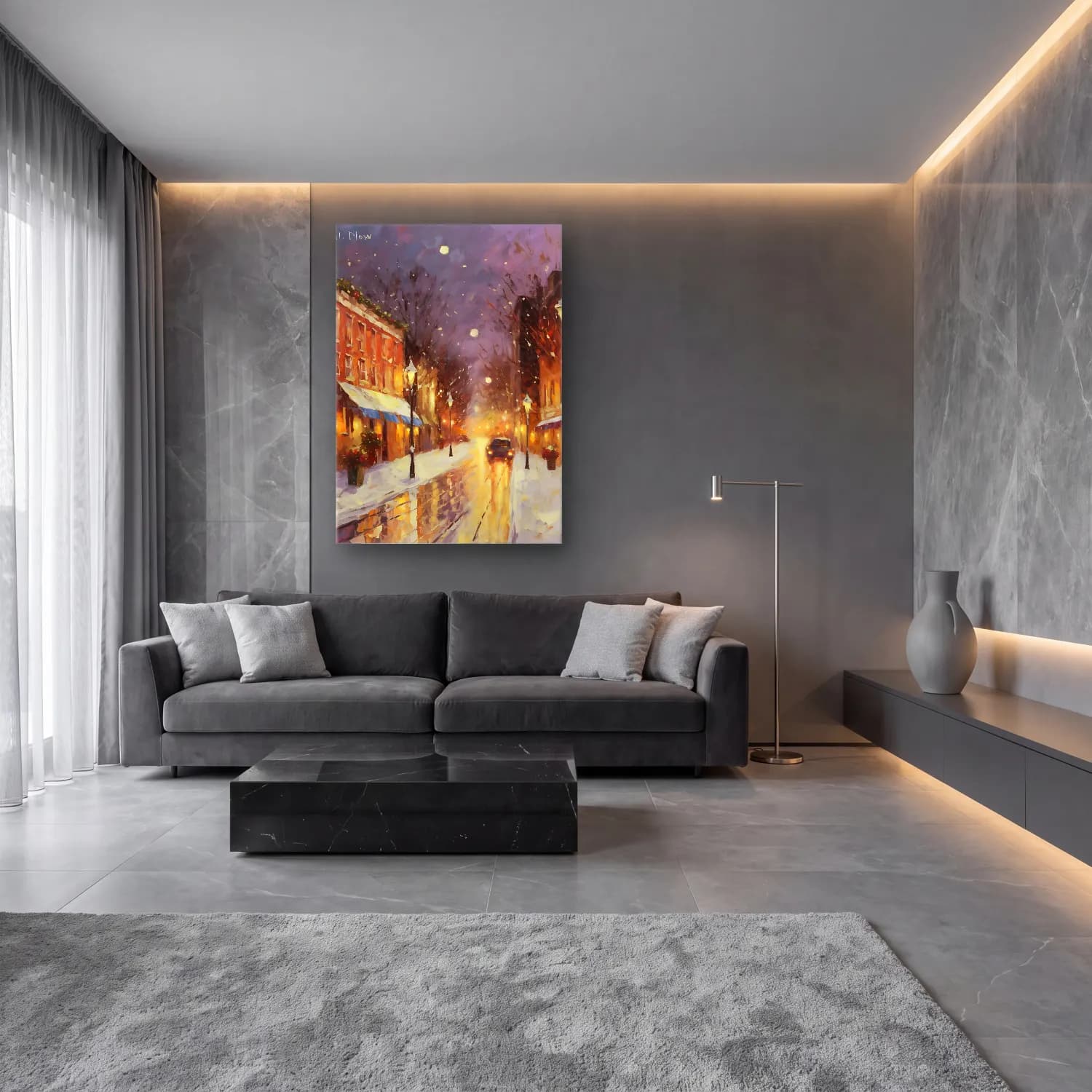 Yağlı Boya Köy Sokağı – Pastel Tonlar cam tablo — lüks salon duvarında