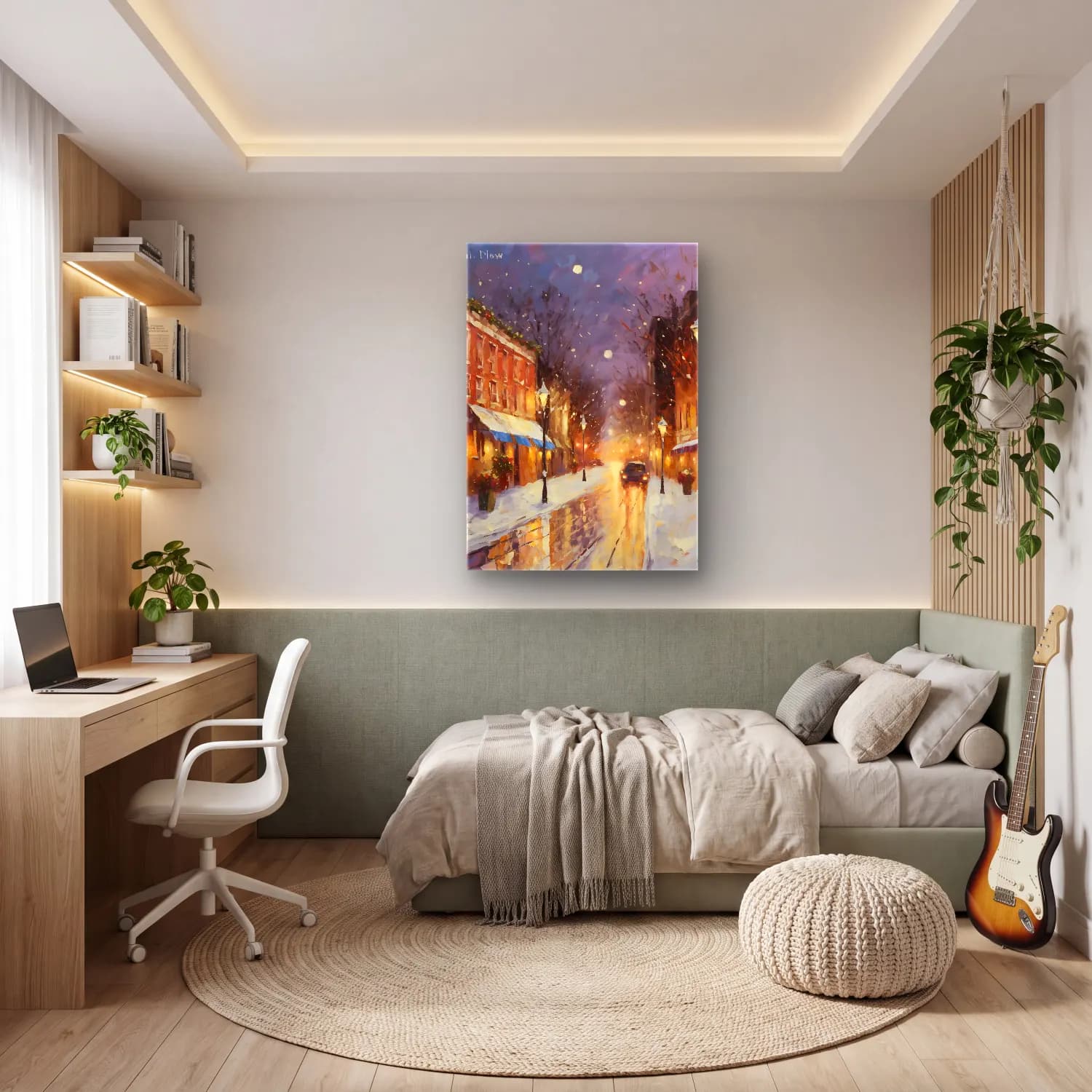 Yağlı Boya Köy Sokağı – Pastel Tonlar cam tablo — genç odasında