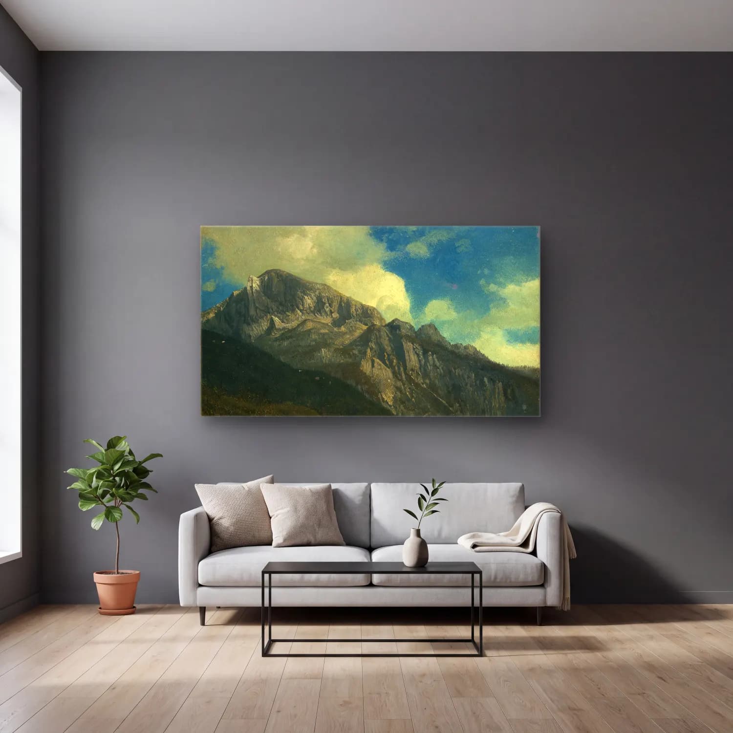 Albert Bierstadt – Mountains cam tablo — gri duvarlı salonda
