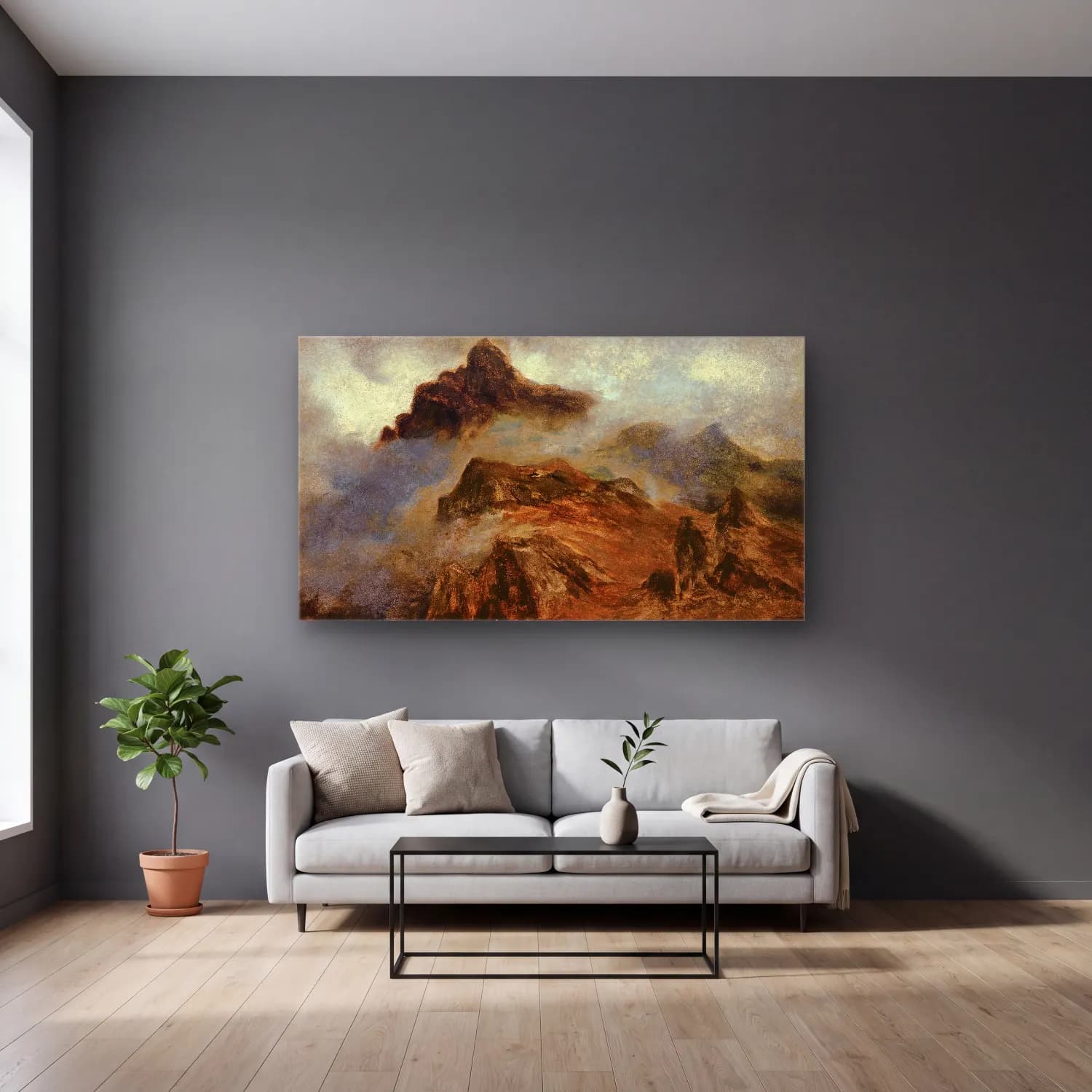 Albert Bierstadt – Study of Rocky Mountains cam tablo — gri duvarlı salonda