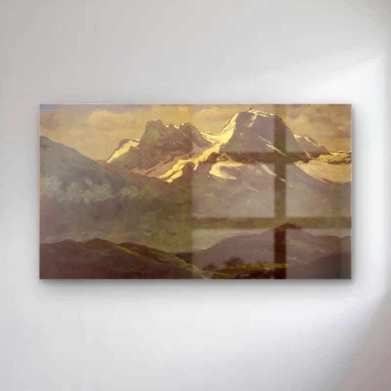 Albert Bierstadt – Summer Snow on the Peaks or Snow Capped Mountains cam tablo — Albert Bierstadt – Summer Snow on the Peaks or Snow Capped Mountains — yağlı boya dağ manzarası