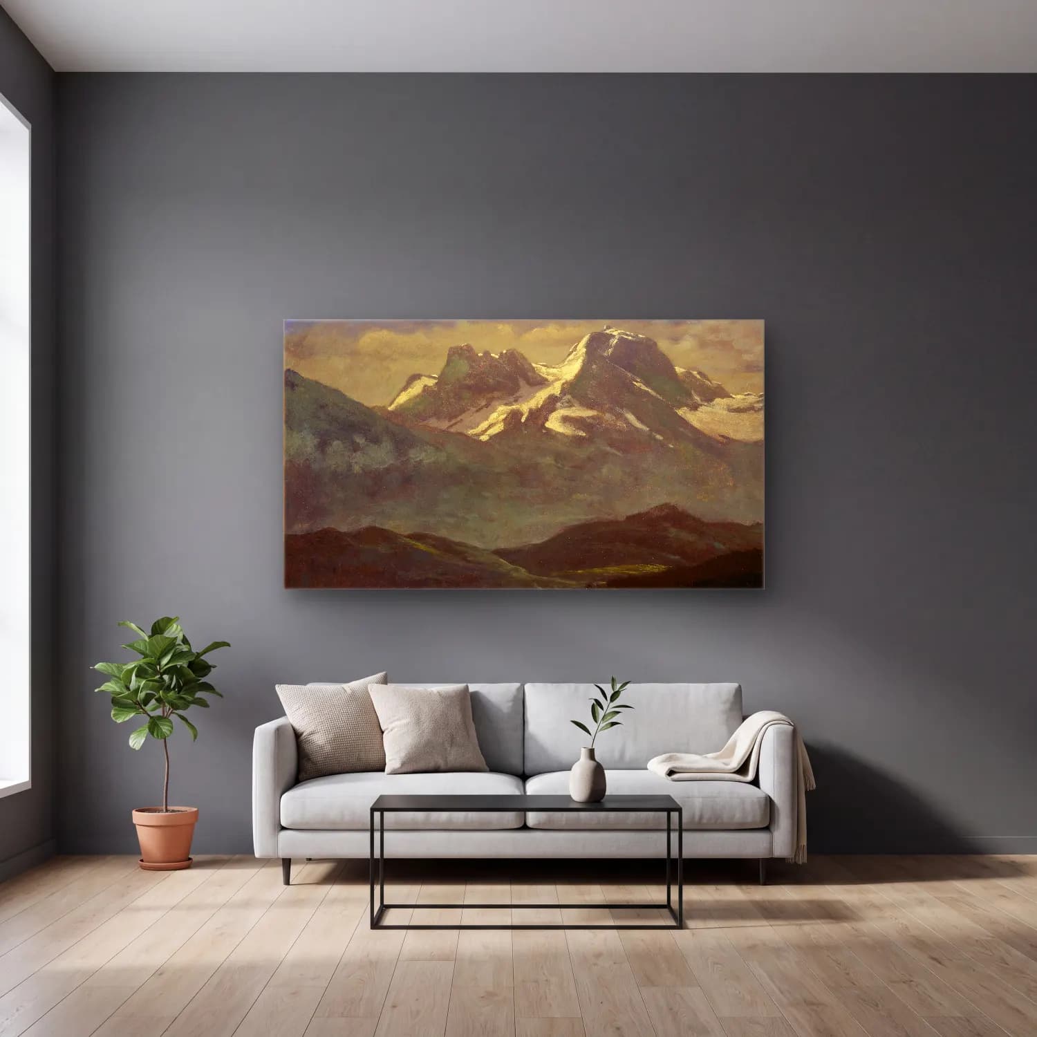 Albert Bierstadt – Summer Snow on the Peaks or Snow Capped Mountains cam tablo — gri duvarlı salonda