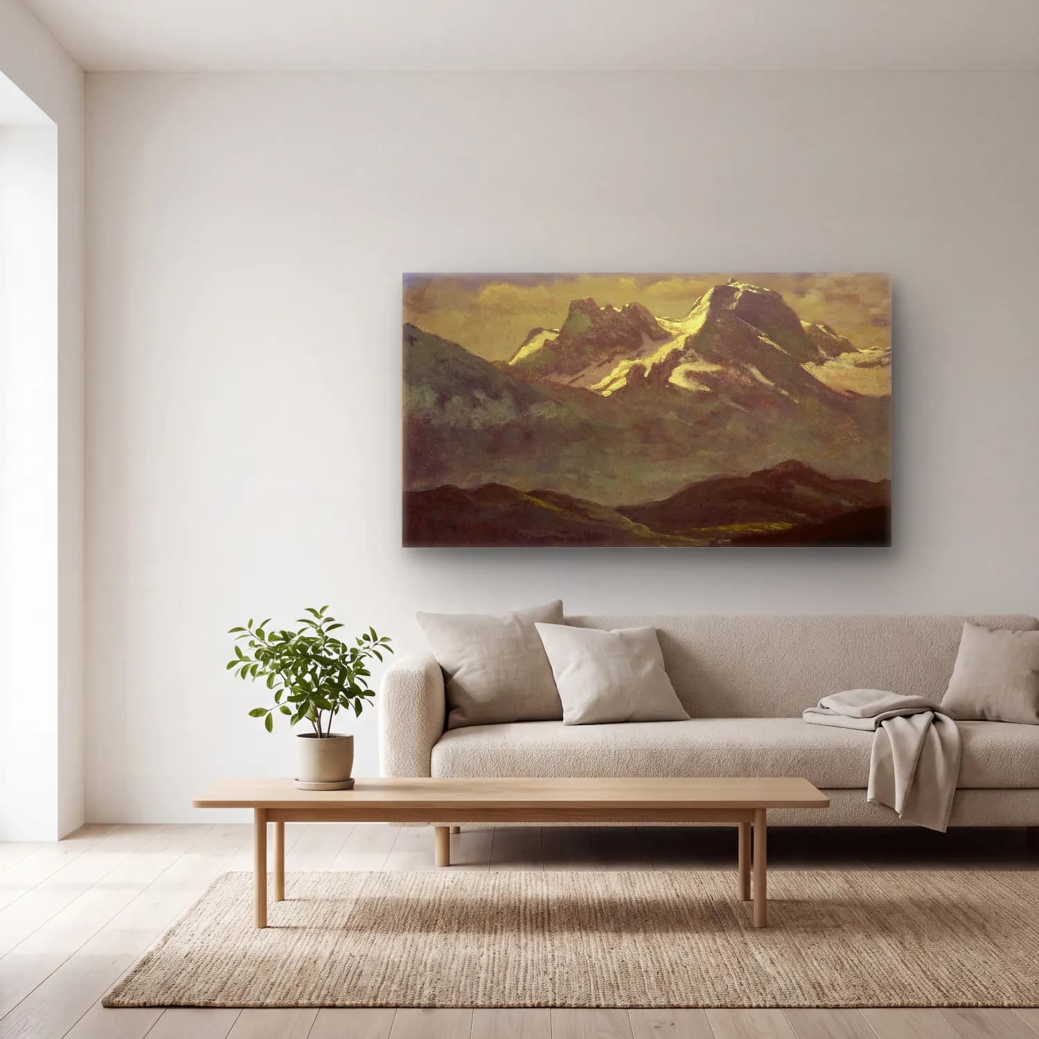 Albert Bierstadt – Summer Snow on the Peaks or Snow Capped Mountains cam tablo — açık renk salonda