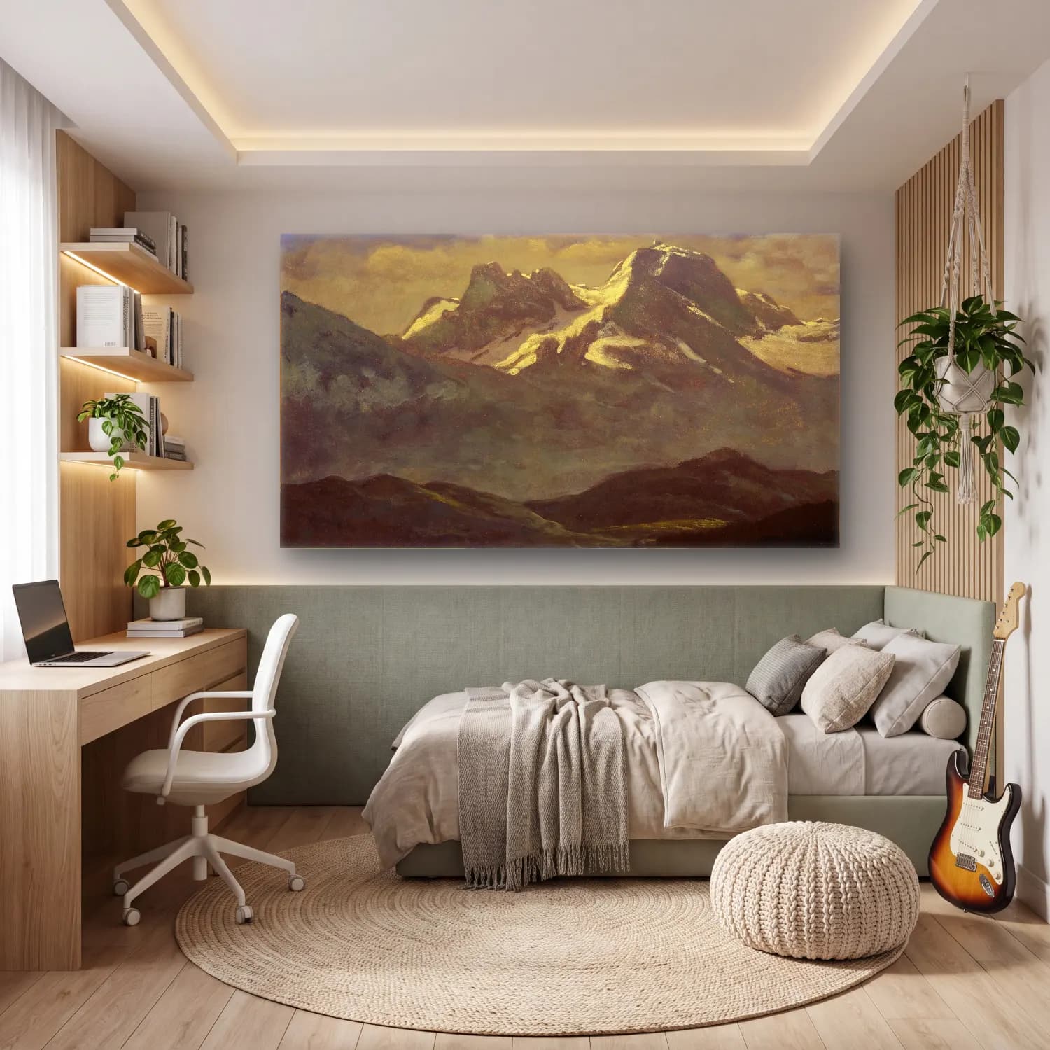 Albert Bierstadt – Summer Snow on the Peaks or Snow Capped Mountains cam tablo — genç odasında