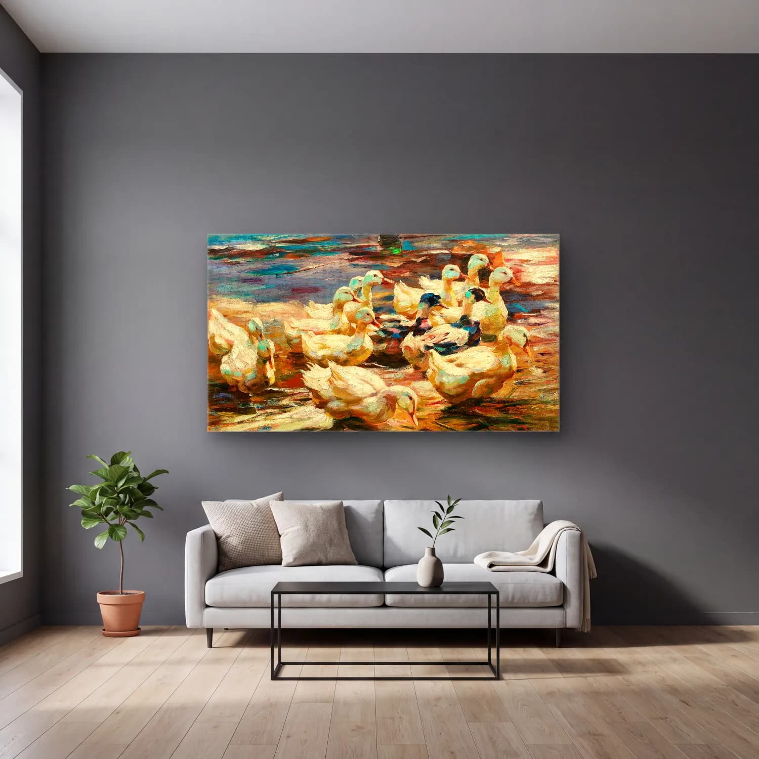 Alexander Koester – Ducks Getting Out of the Water cam tablo — gri duvarlı salonda