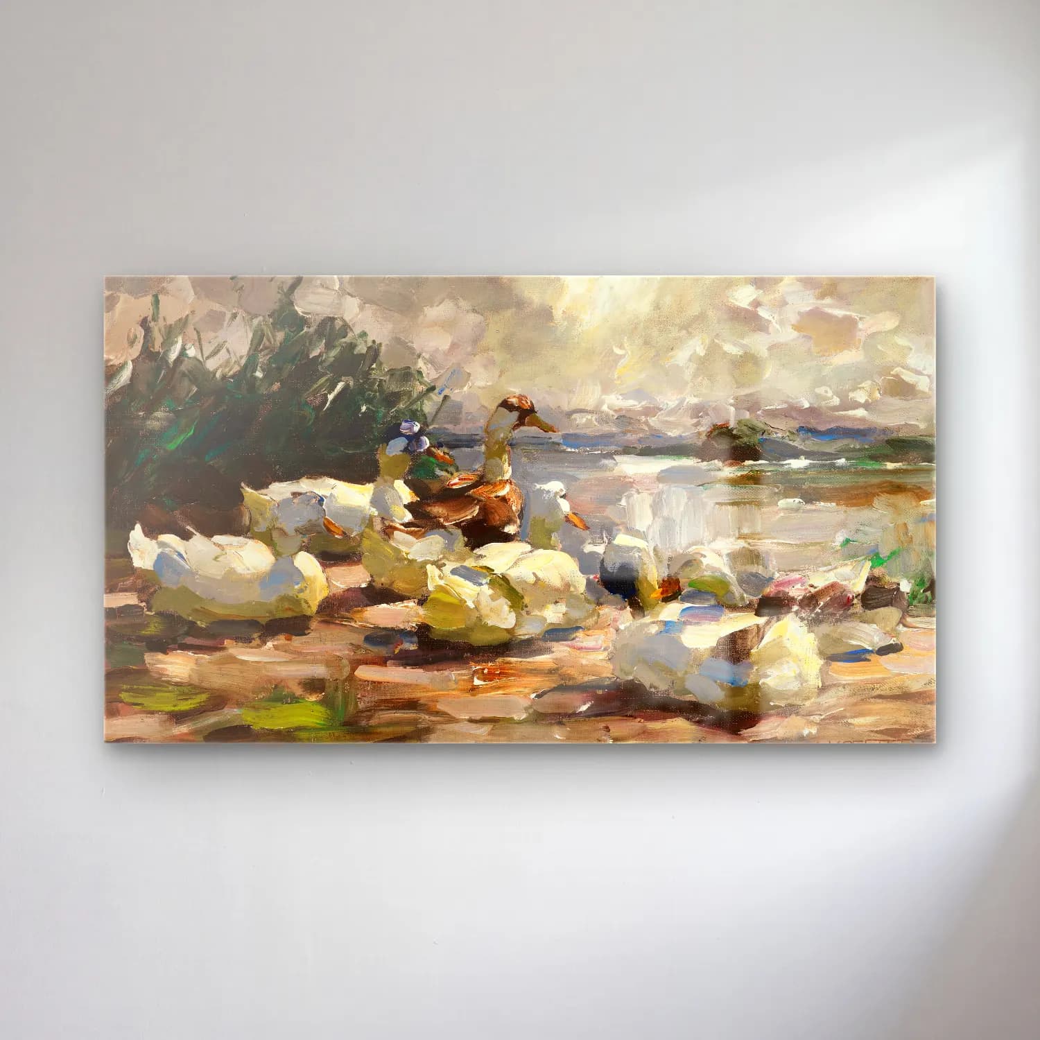 Alexander Koester – Enten am Ufer (schöne Wolkenstimmung) cam tablo — Alexander Koester – Enten am Ufer (schöne Wolkenstimmung) — yağlı boya ördekler