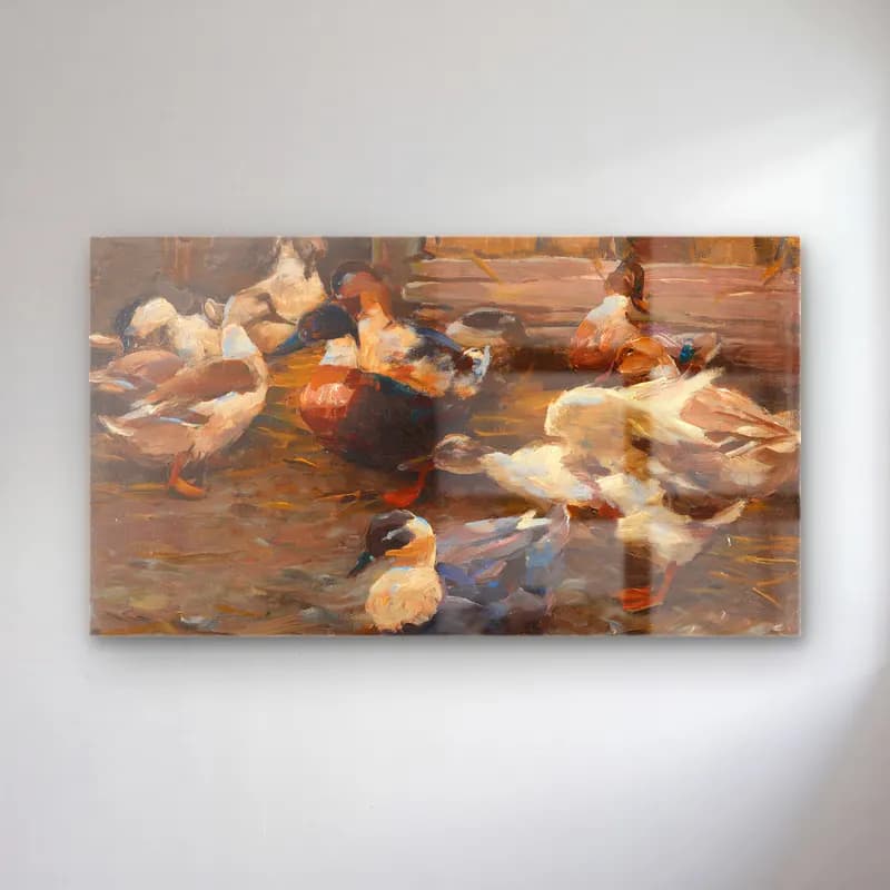 Alexander Koester – Enten vor dem Stall (Ca. 1905) cam tablo — Alexander Koester – Enten vor dem Stall (Ca. 1905) — yağlı boya ördekler