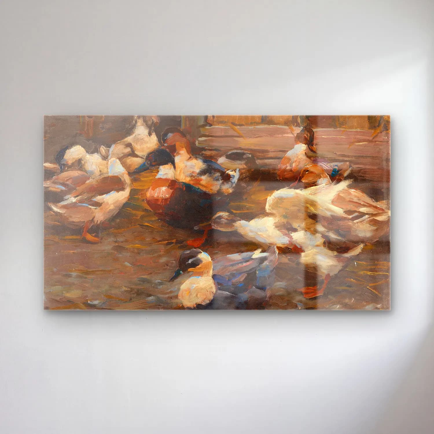 Alexander Koester – Enten vor dem Stall (Ca. 1905) cam tablo — Alexander Koester – Enten vor dem Stall (Ca. 1905) — yağlı boya ördekler