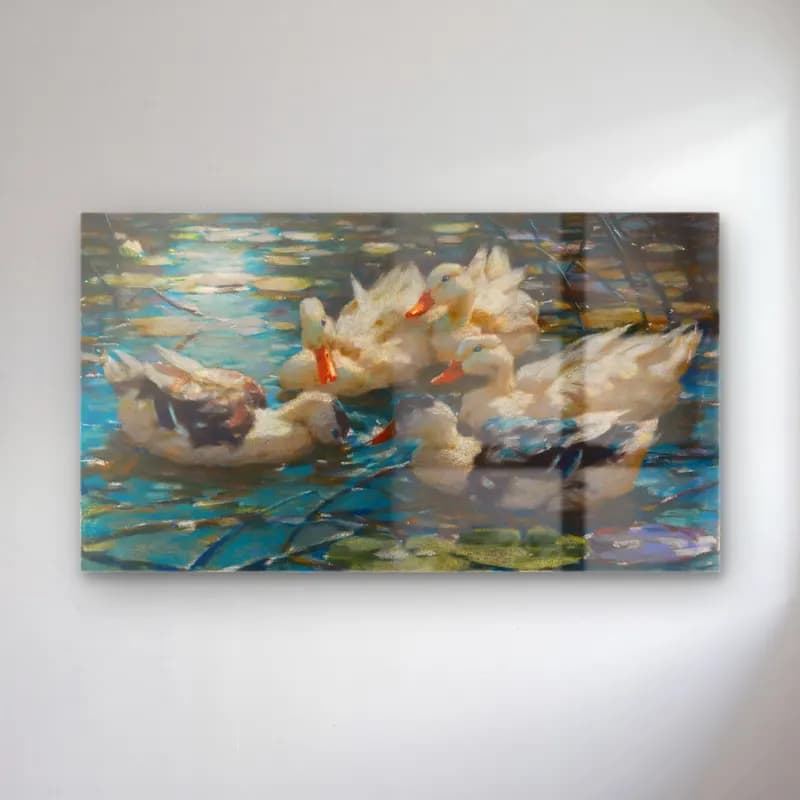 Alexander Koester – Fünf bunte Enten in blauem Seerosenwasser cam tablo — Alexander Koester – Fünf bunte Enten in blauem Seerosenwasser — empresyonist ördekler