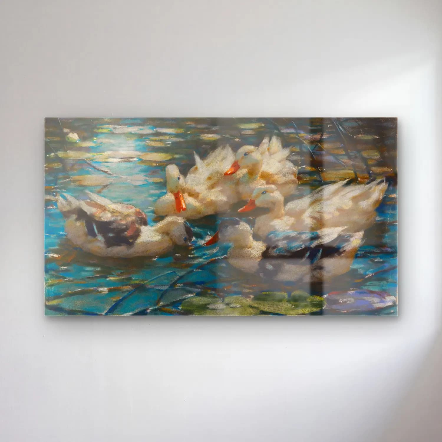 Alexander Koester – Fünf bunte Enten in blauem Seerosenwasser cam tablo — Alexander Koester – Fünf bunte Enten in blauem Seerosenwasser — empresyonist ördekler
