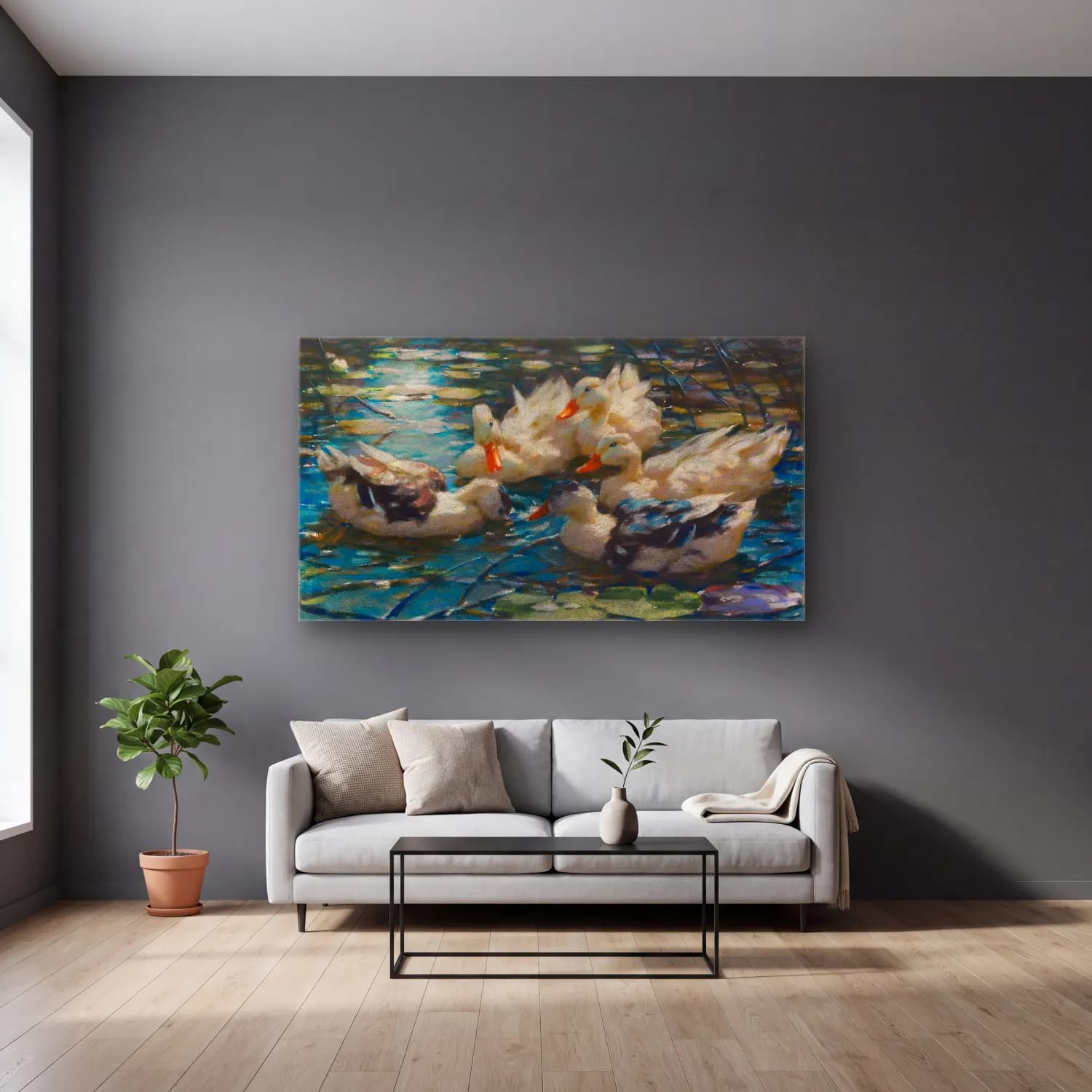 Alexander Koester – Fünf bunte Enten in blauem Seerosenwasser cam tablo — gri duvarlı salonda