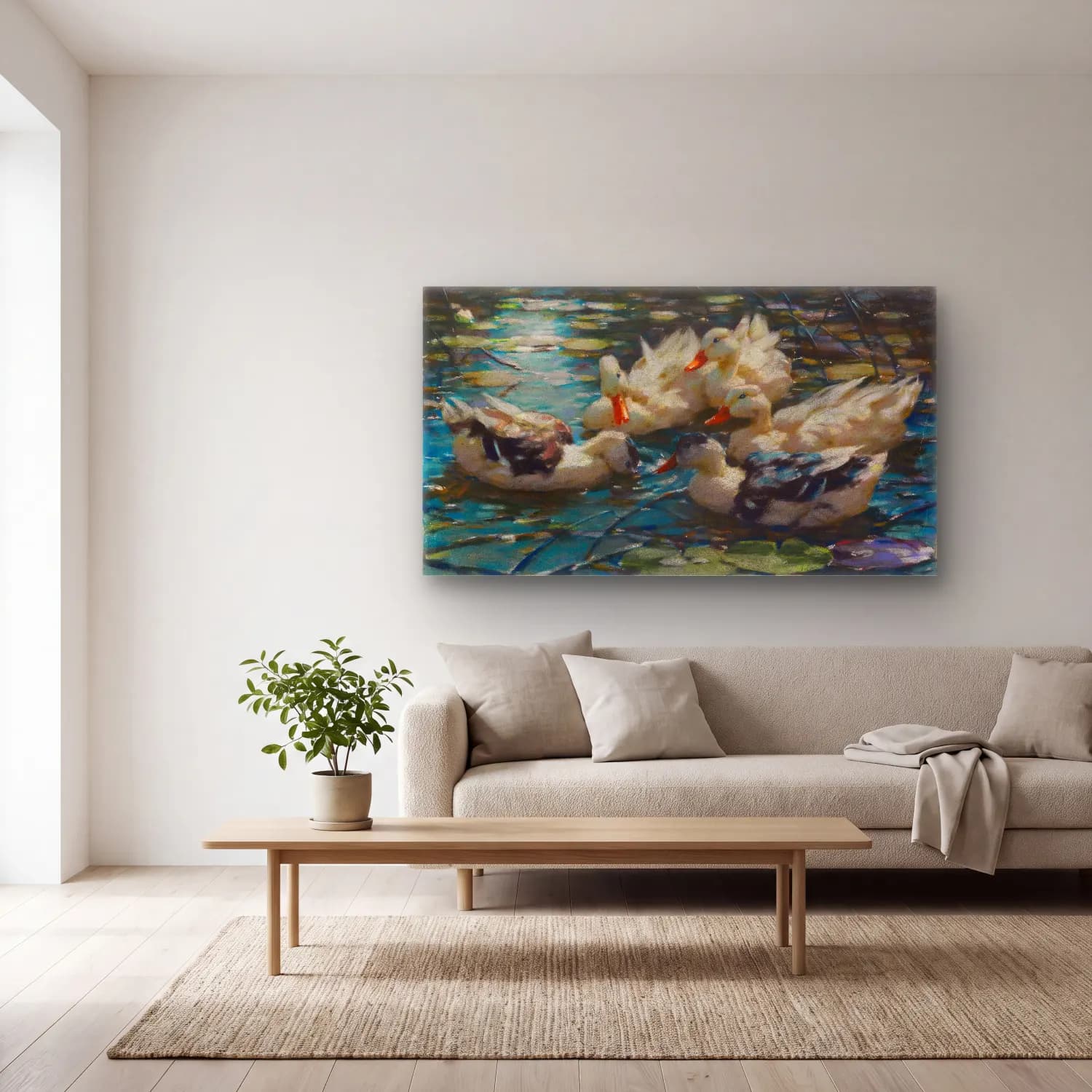 Alexander Koester – Fünf bunte Enten in blauem Seerosenwasser cam tablo — açık renk salonda