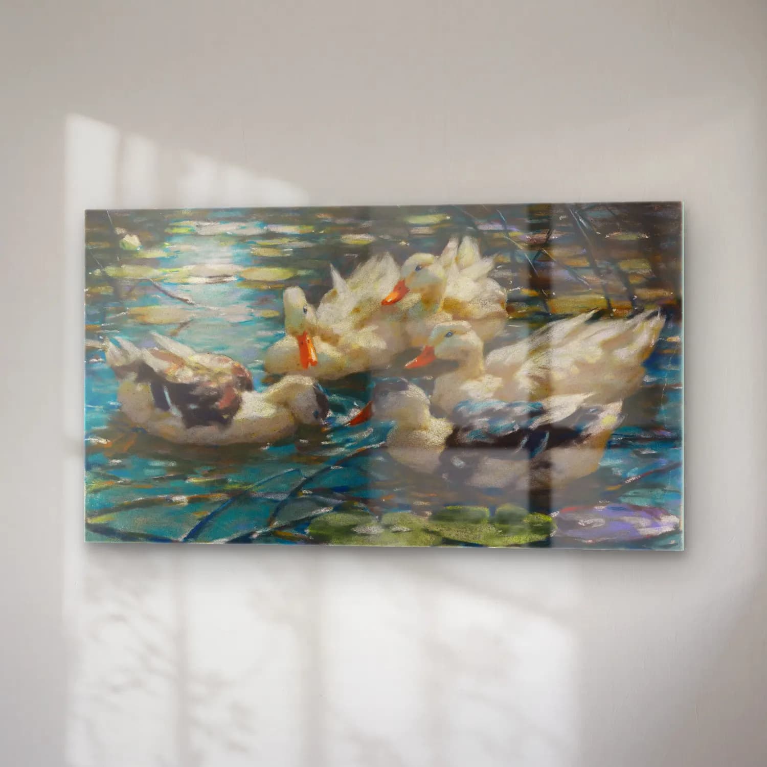 Alexander Koester – Fünf bunte Enten in blauem Seerosenwasser cam tablo — sağ açıdan görünüm