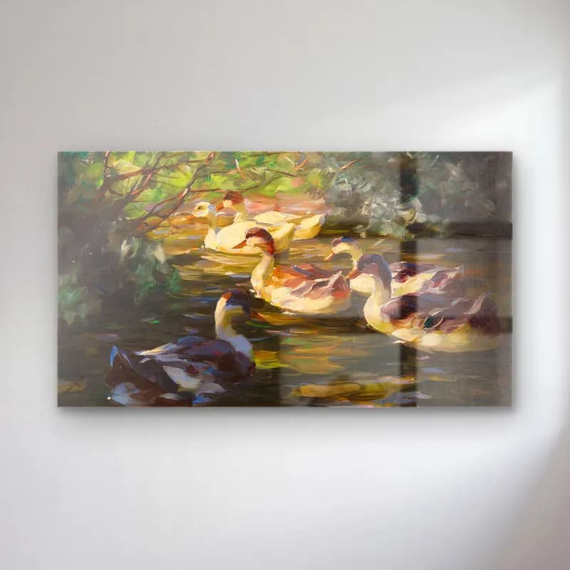Alexander Koester – Sechs Enten auf dem Wasser unter Ufersträuchern cam tablo — Alexander Koester – Sechs Enten auf dem Wasser unter Ufersträuchern — yağlı boya ördekler