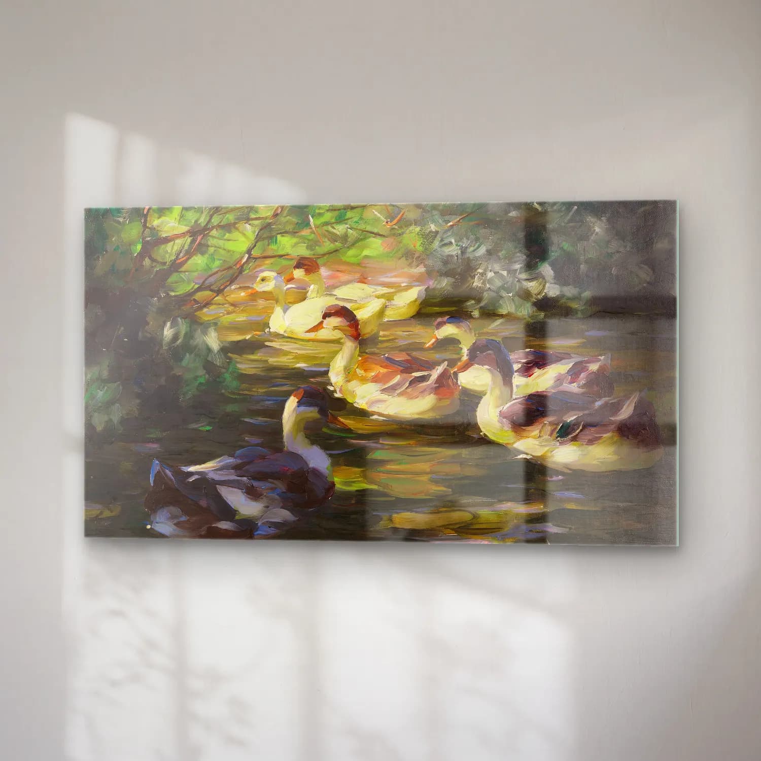 Alexander Koester – Sechs Enten auf dem Wasser unter Ufersträuchern cam tablo — sağ açıdan görünüm