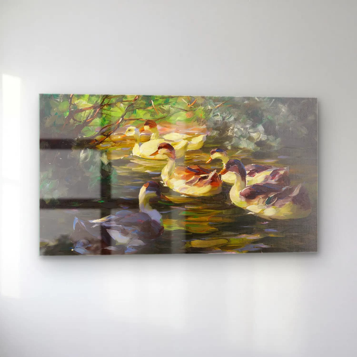 Alexander Koester – Sechs Enten auf dem Wasser unter Ufersträuchern cam tablo — sol açıdan görünüm