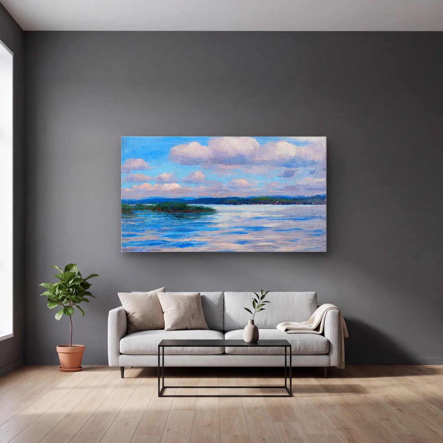 Alexander Koester – See mit Wetterwolken cam tablo — gri duvarlı salonda