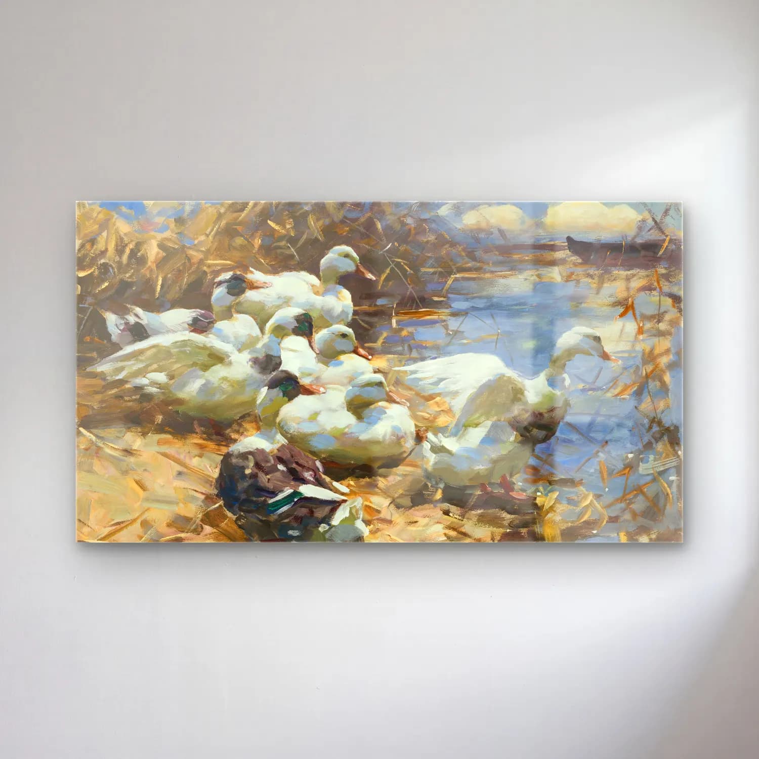 Alexander Koester – Sieben Enten am Ufer (circa 1910) cam tablo — Alexander Koester – Sieben Enten am Ufer (circa 1910) — yağlı boya ördekler