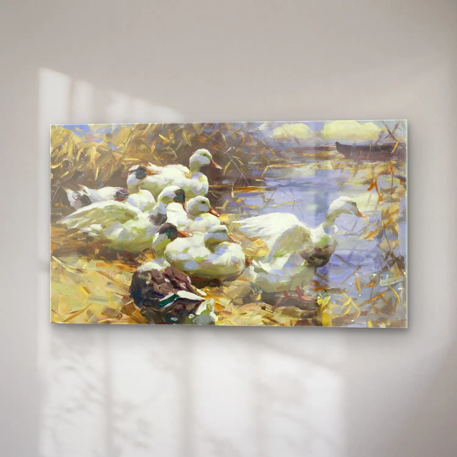 Alexander Koester – Sieben Enten am Ufer (circa 1910) cam tablo — sağ açıdan görünüm