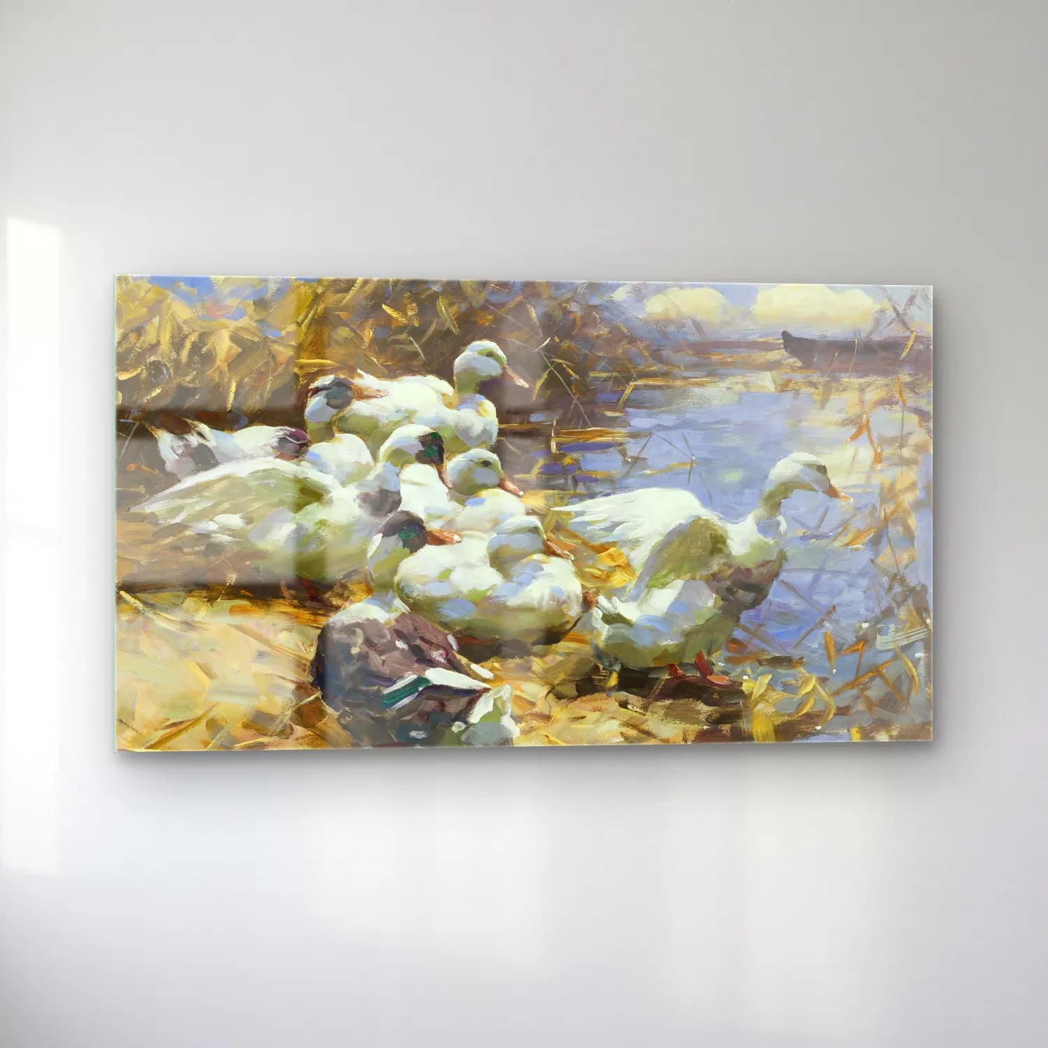 Alexander Koester – Sieben Enten am Ufer (circa 1910) cam tablo — sol açıdan görünüm