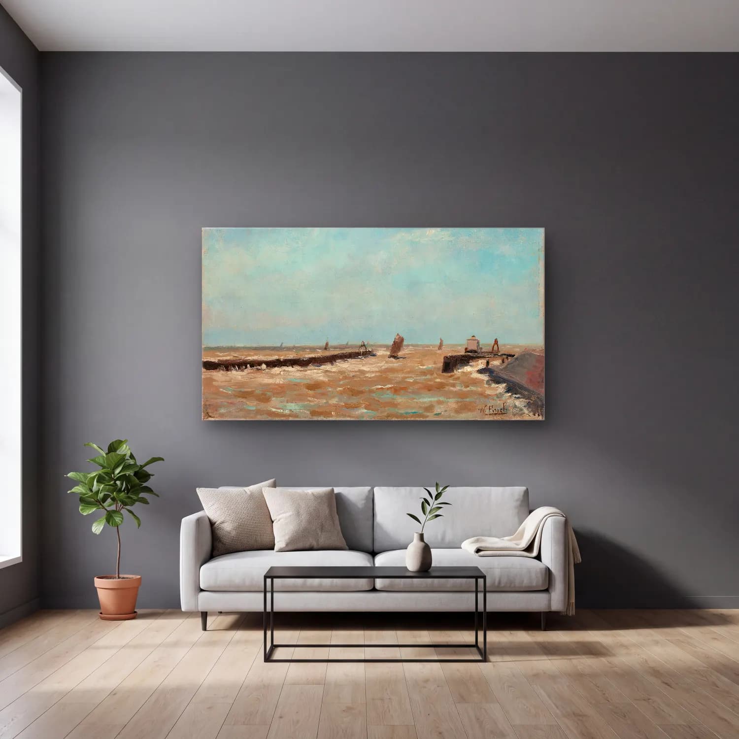 Alfred William Finch – A Belgian harbour cam tablo — gri duvarlı salonda
