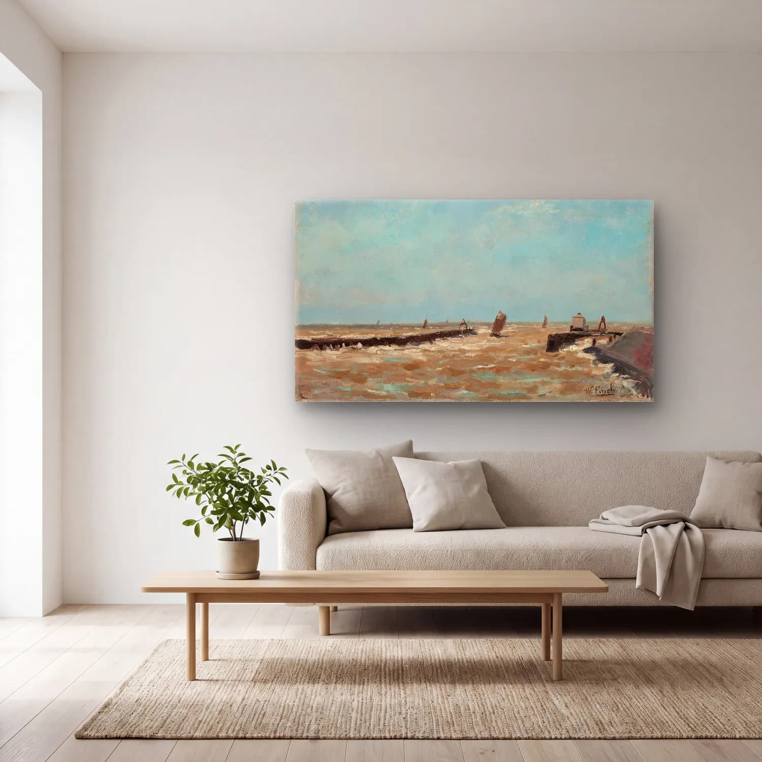 Alfred William Finch – A Belgian harbour cam tablo — açık renk salonda