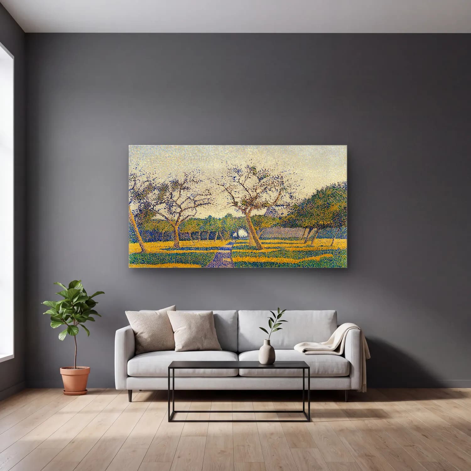 Alfred William Finch – Orchard at La Louvière cam tablo — gri duvarlı salonda