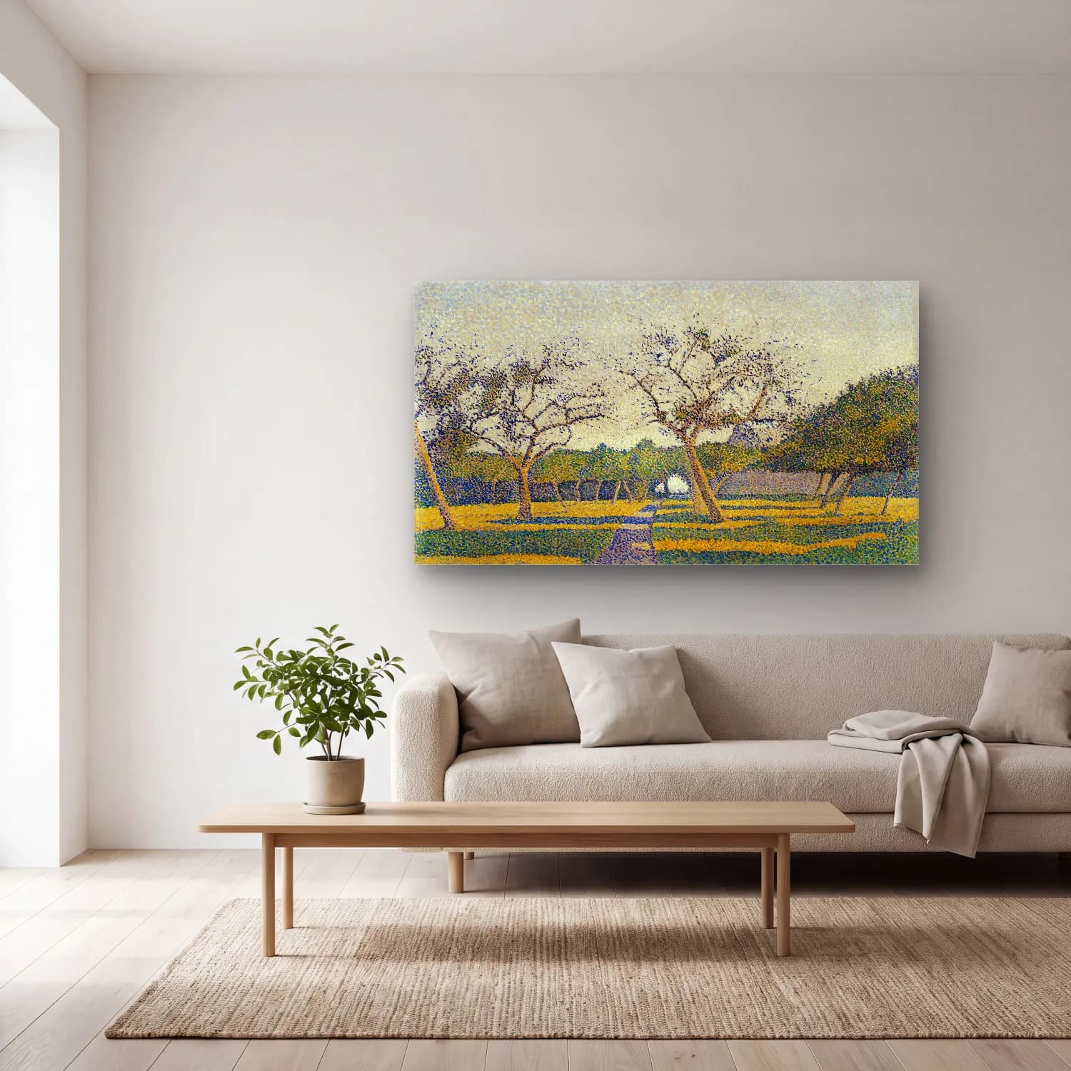 Alfred William Finch – Orchard at La Louvière cam tablo — açık renk salonda