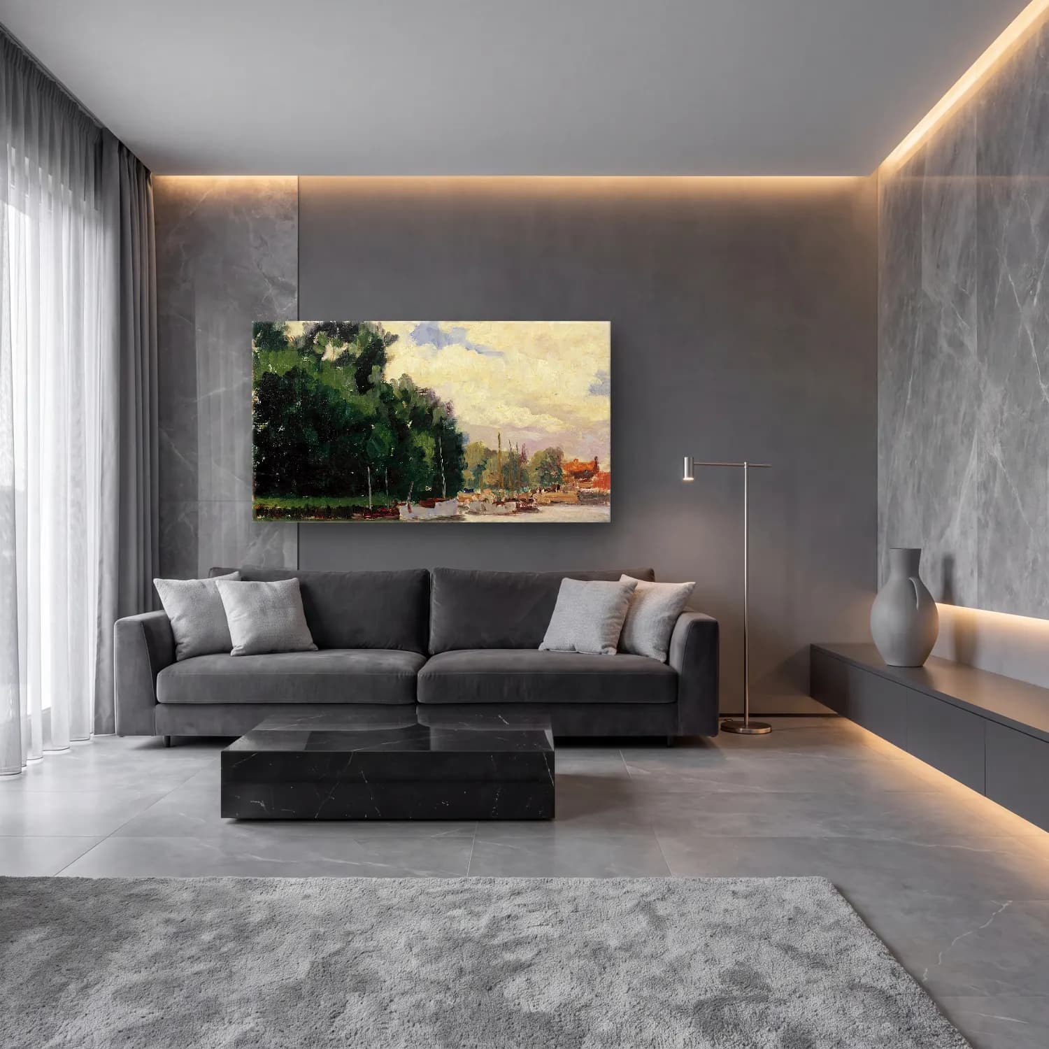 Alfred William Finch – Richmond, Thames cam tablo — lüks salon duvarında