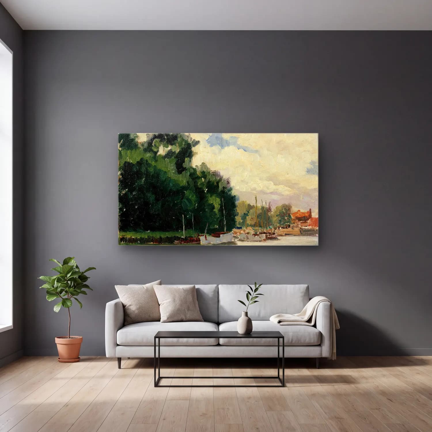 Alfred William Finch – Richmond, Thames cam tablo — gri duvarlı salonda