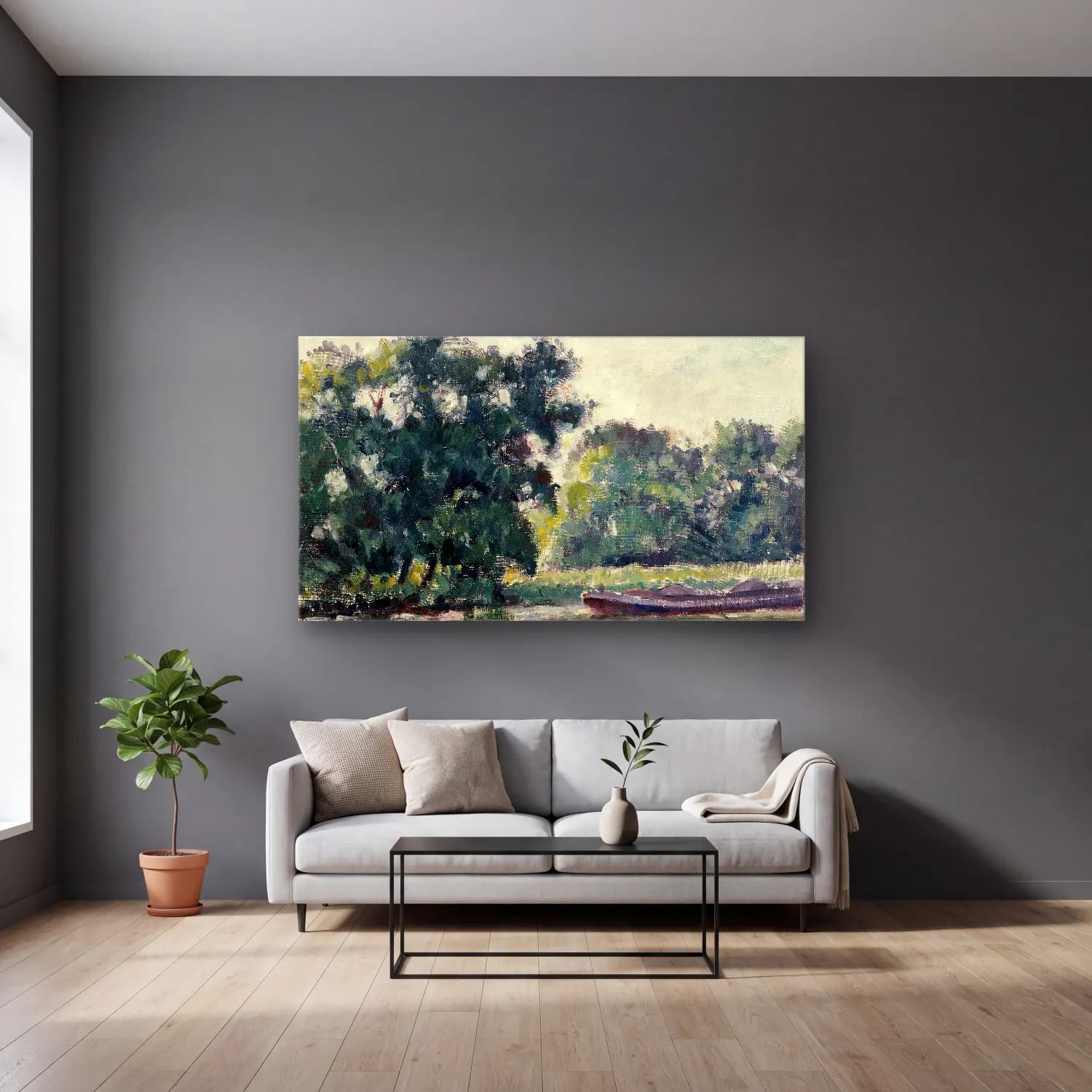 Alfred William Finch – Richmond, a River Landscape cam tablo — gri duvarlı salonda