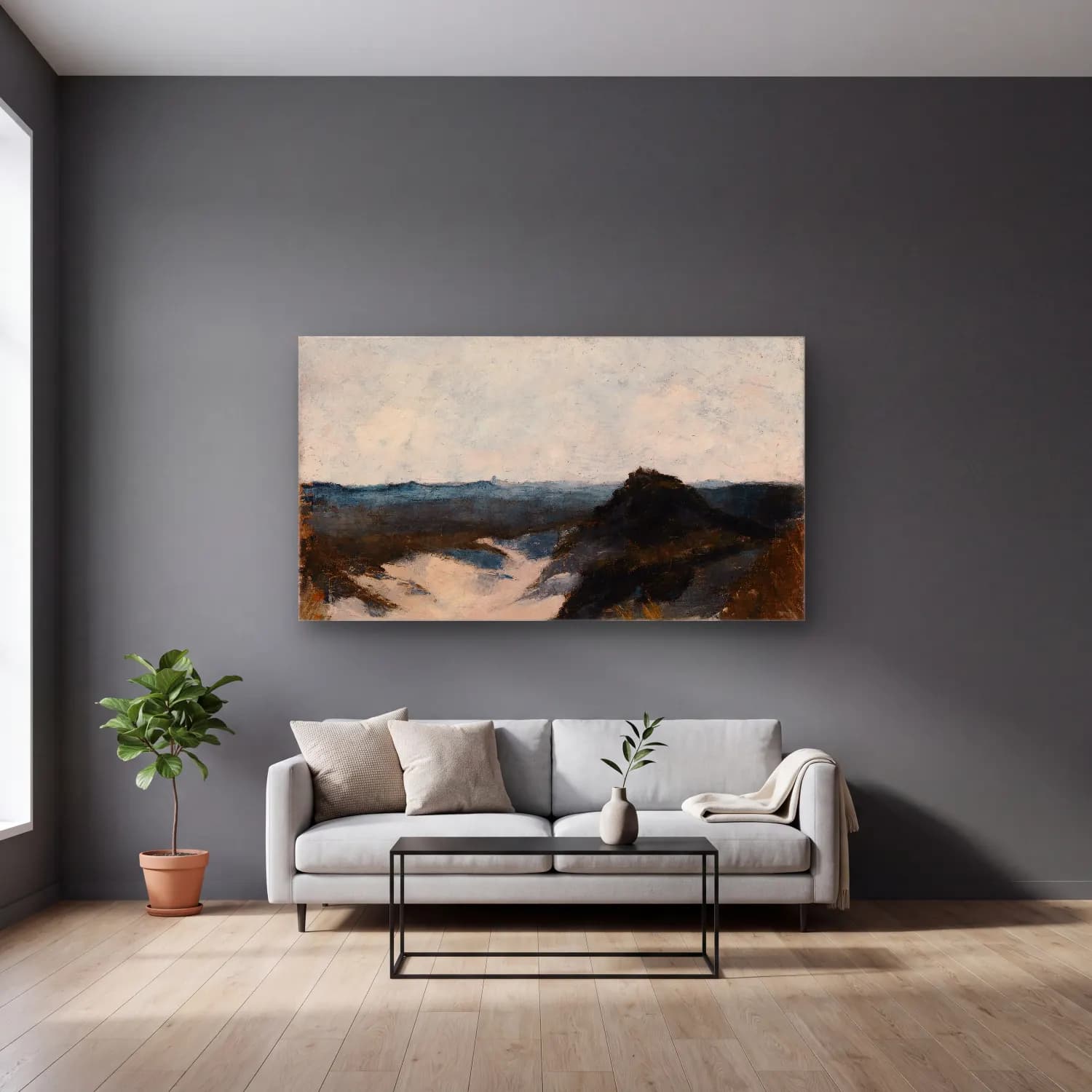 Alfred William Finch – Shore View, Knocke cam tablo — gri duvarlı salonda