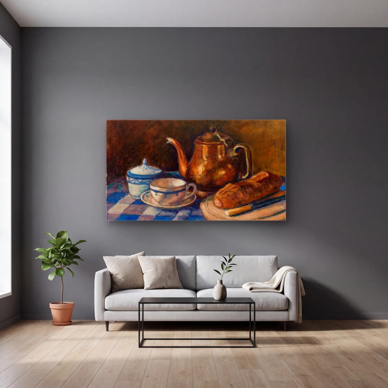 Alfred William Finch – Still Life – Pastel Tonlar cam tablo — gri duvarlı salonda