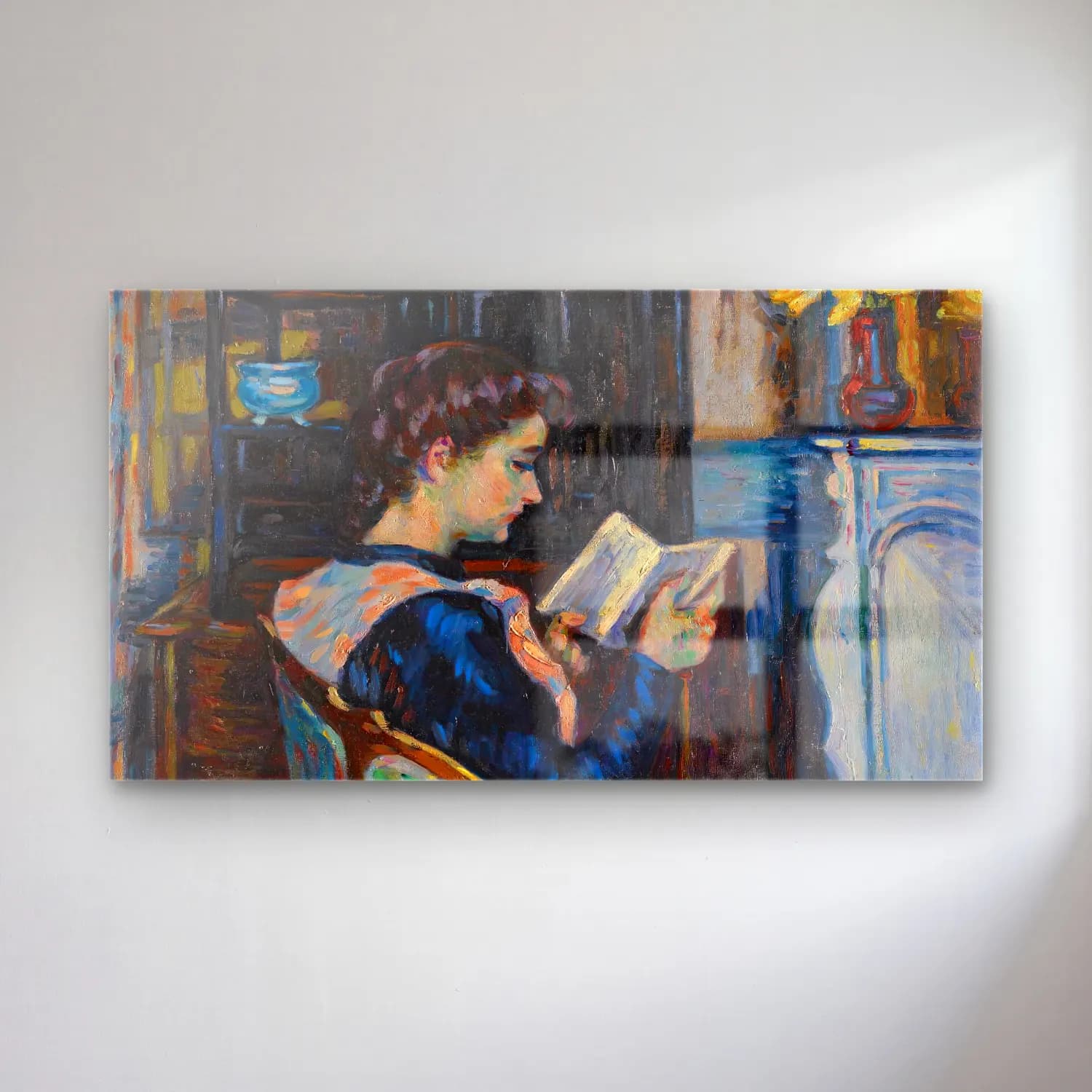 Armand Guillaumin – Mademoiselle Guillaumin Lisant cam tablo — Armand Guillaumin – Mademoiselle Guillaumin Lisant — empresyonist kitap okuyan kadın