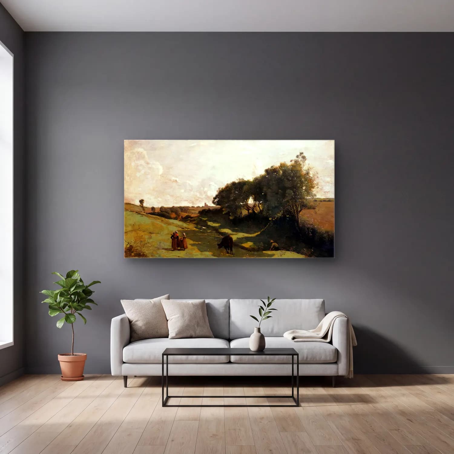Jean-Baptiste C. Corot – The Vale cam tablo — gri duvarlı salonda
