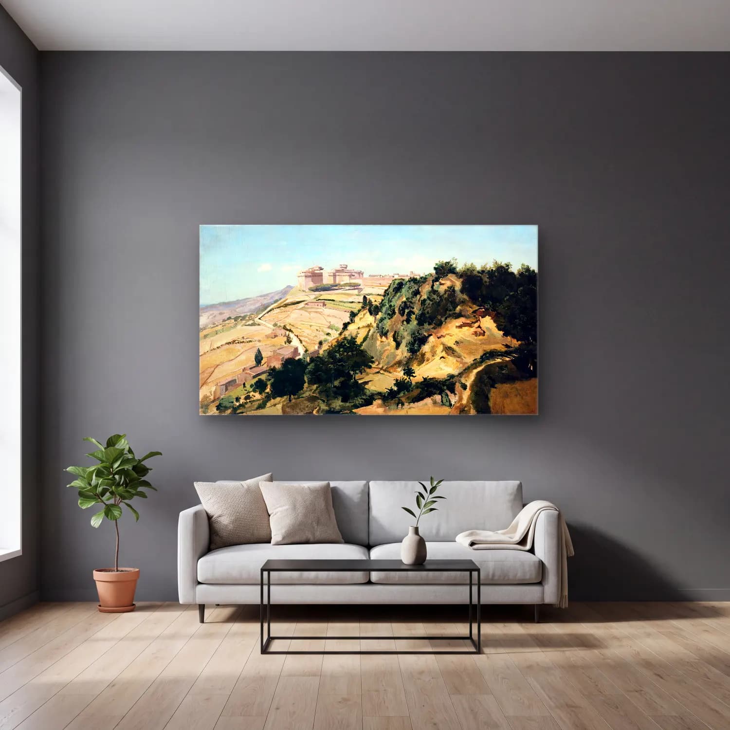 Jean-Baptiste C. Corot – Volterra, the Citadel cam tablo — gri duvarlı salonda