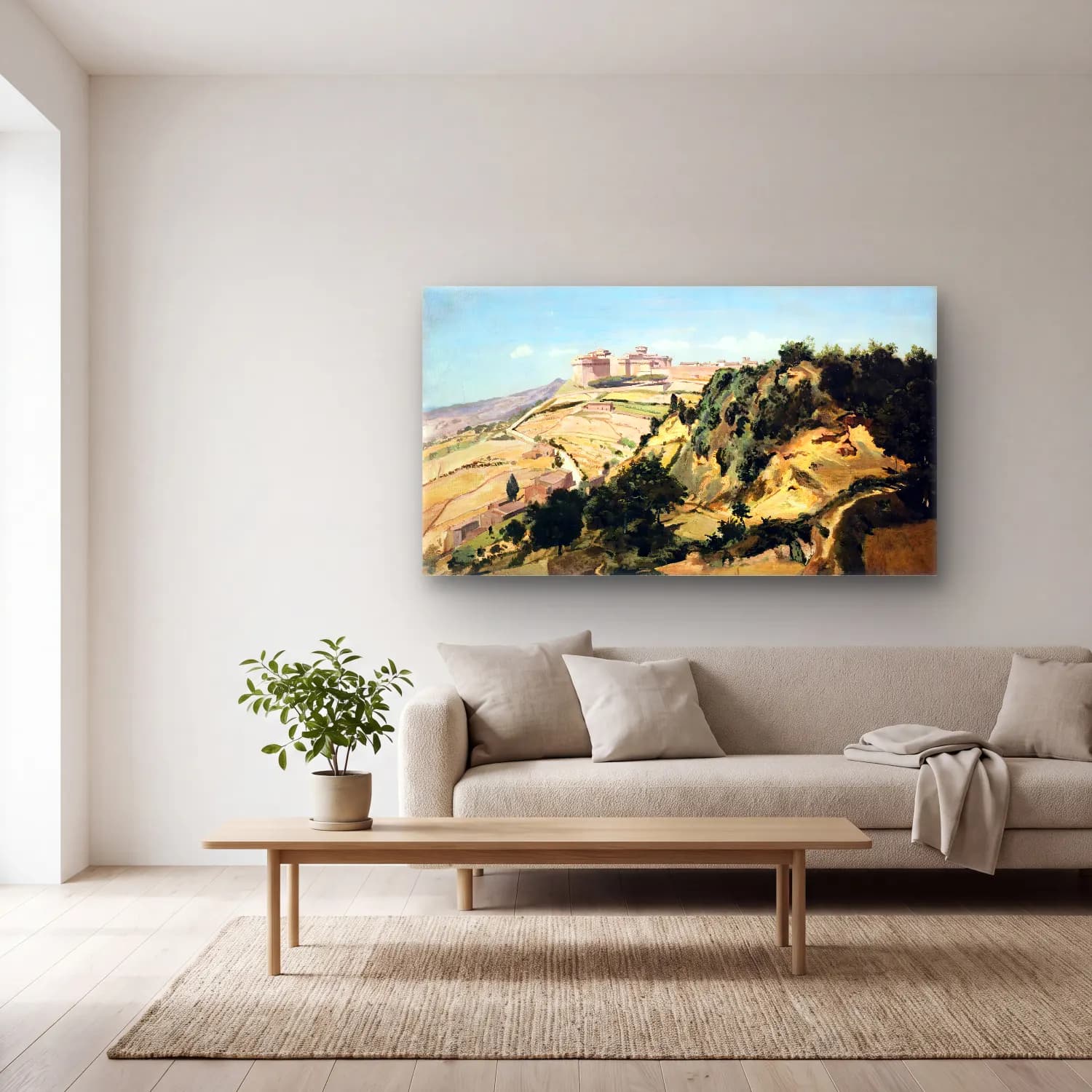 Jean-Baptiste C. Corot – Volterra, the Citadel cam tablo — açık renk salonda